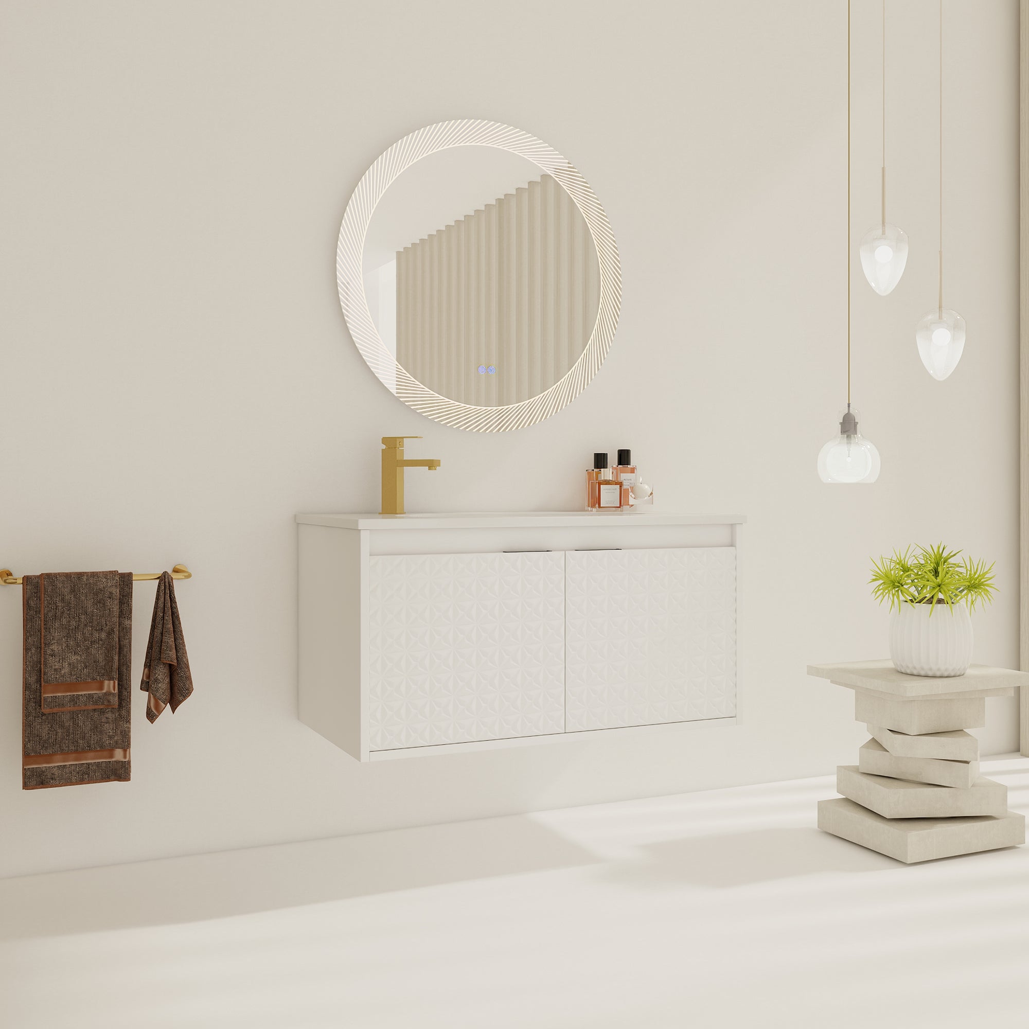 30/36 inch Wall Mounted Bathroom Vanity Set in White with Integrated Resin Sink