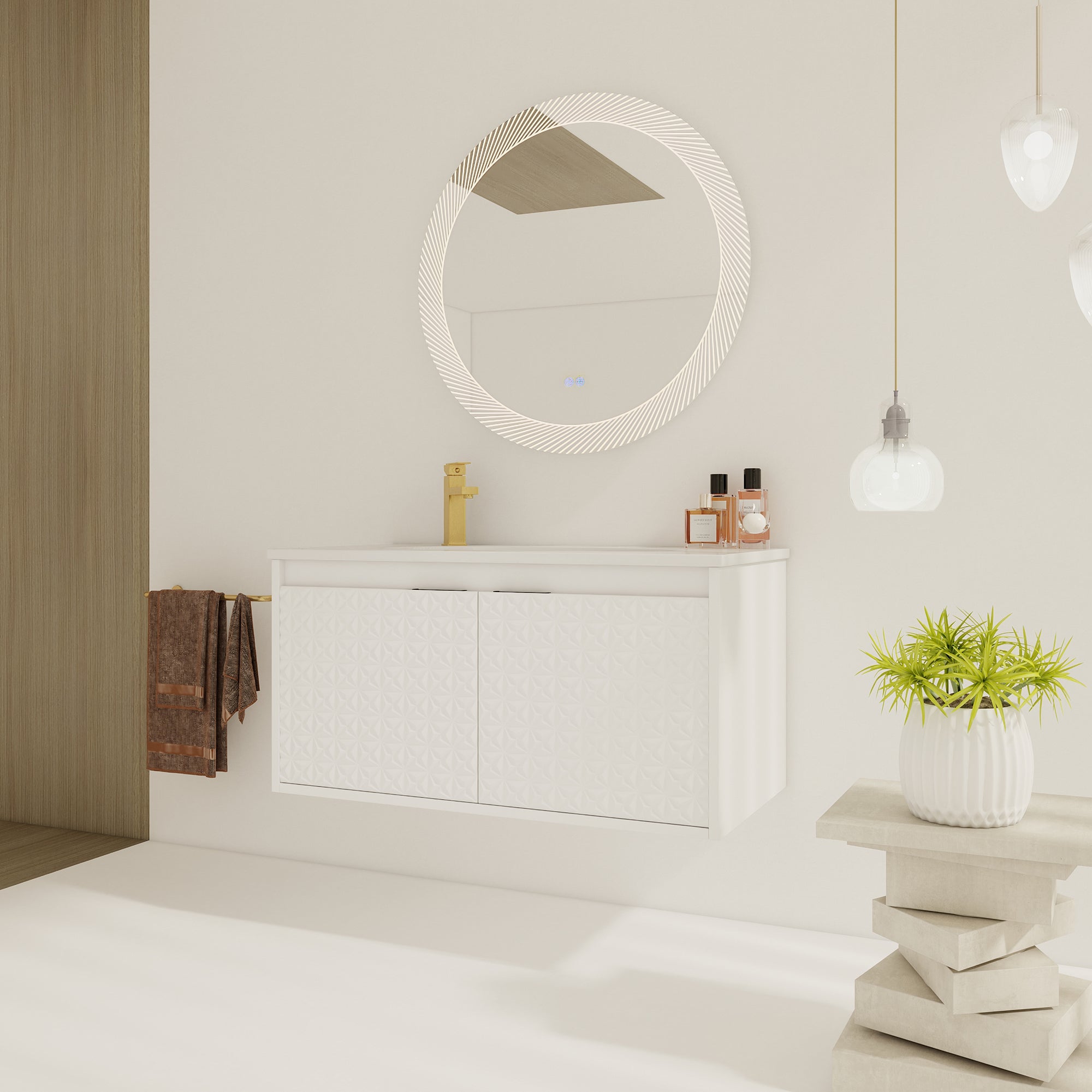 30/36 inch Wall Mounted Bathroom Vanity Set in White with Integrated Resin Sink