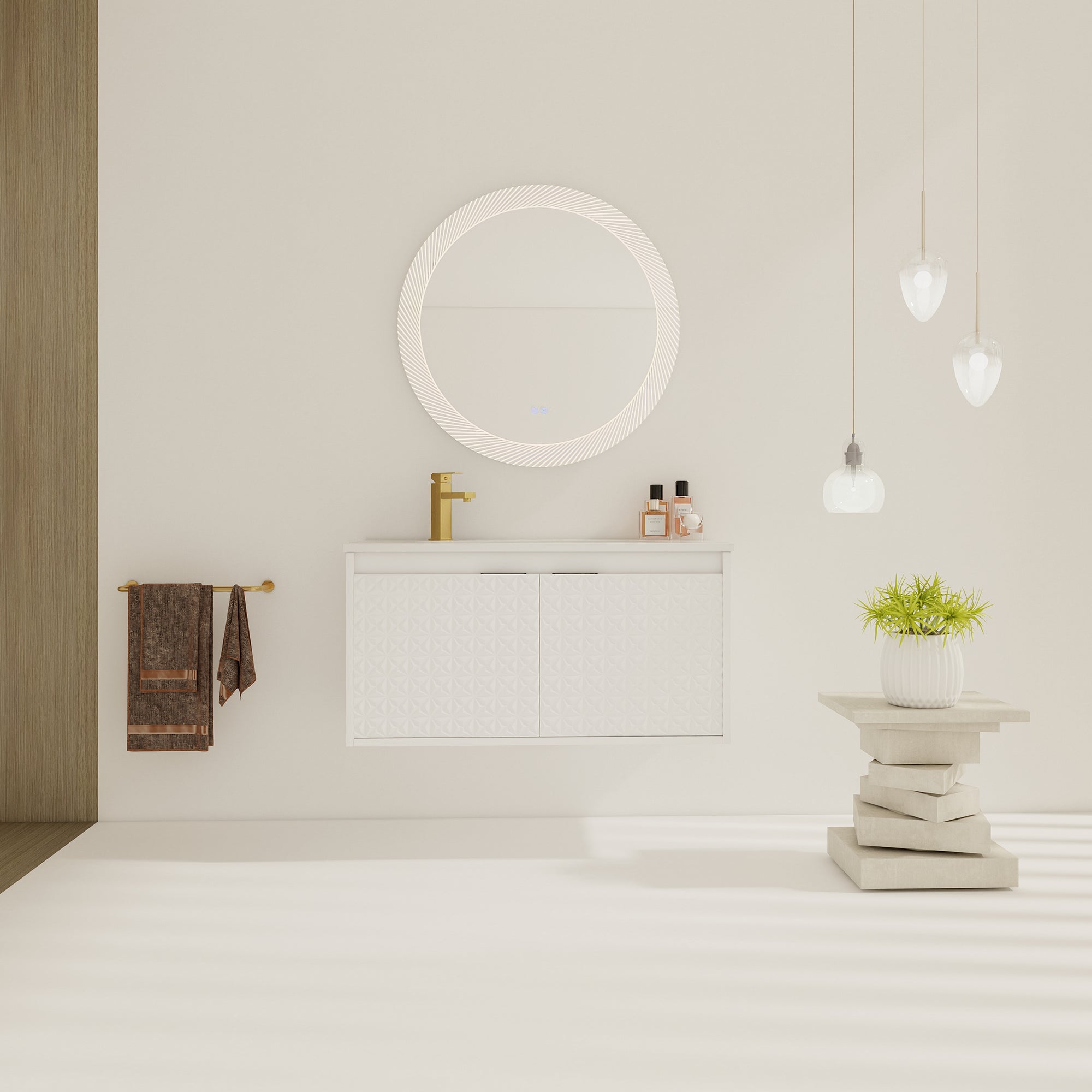 30/36 inch Wall Mounted Bathroom Vanity Set in White with Integrated Resin Sink