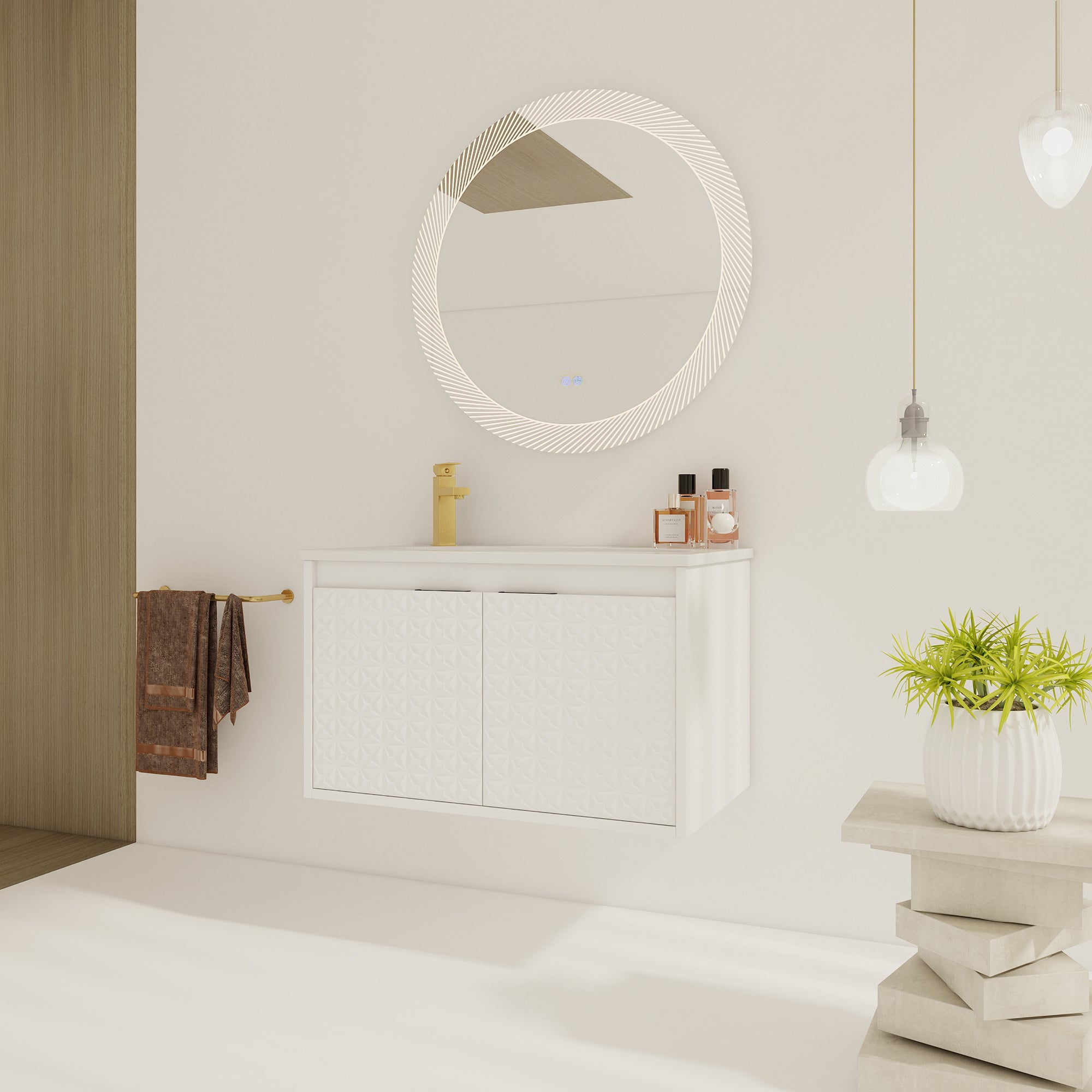 30/36 inch Wall Mounted Bathroom Vanity Set in White with Integrated Resin Sink