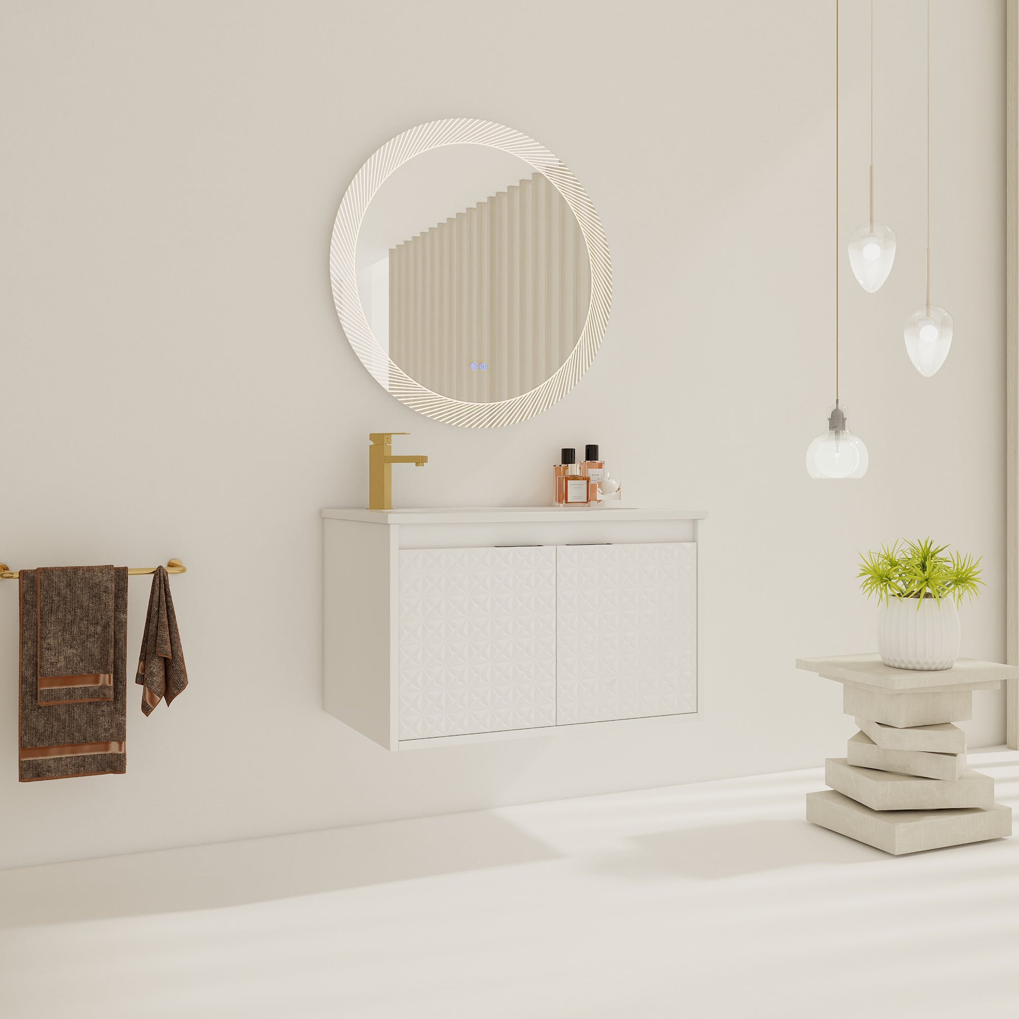 30/36 inch Wall Mounted Bathroom Vanity Set in White with Integrated Resin Sink