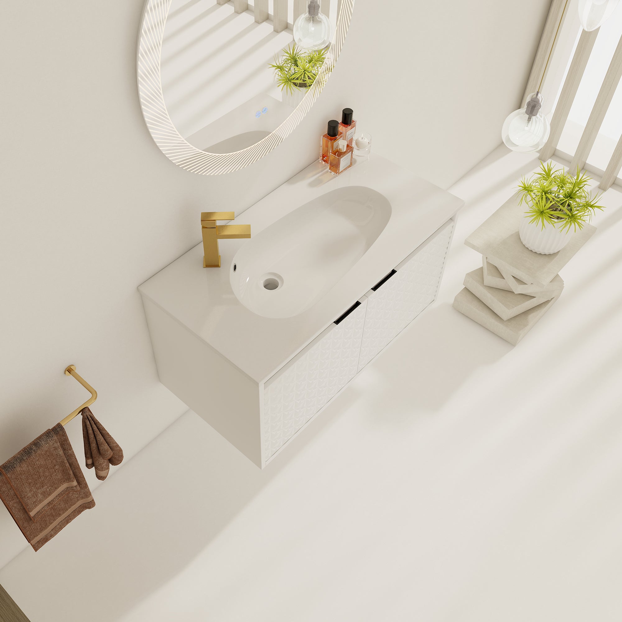 30/36 inch Wall Mounted Bathroom Vanity Set in White with Integrated Resin Sink