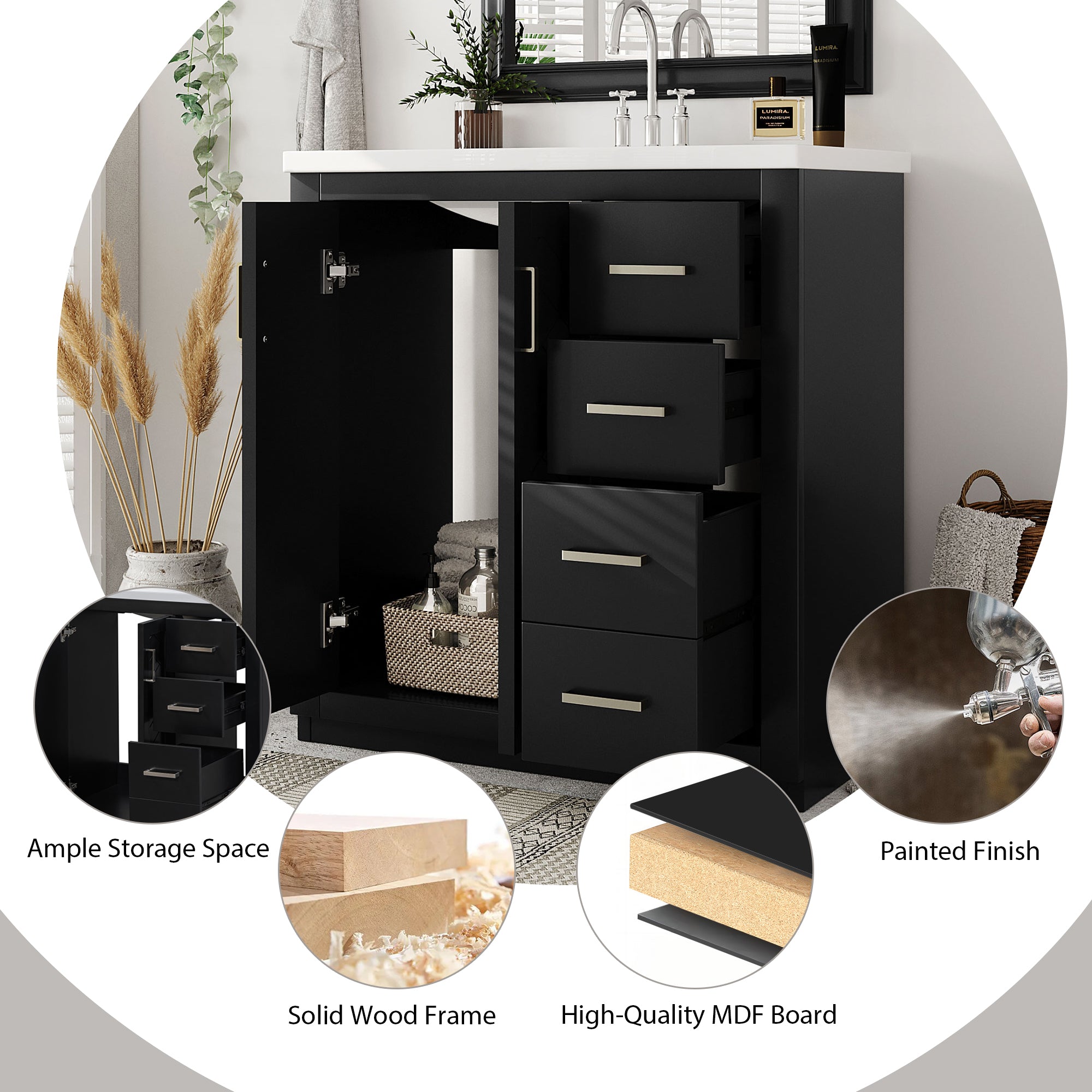 30 inches Freestanding Bathroom Vanity Set in Black with Integrated Resin Sink