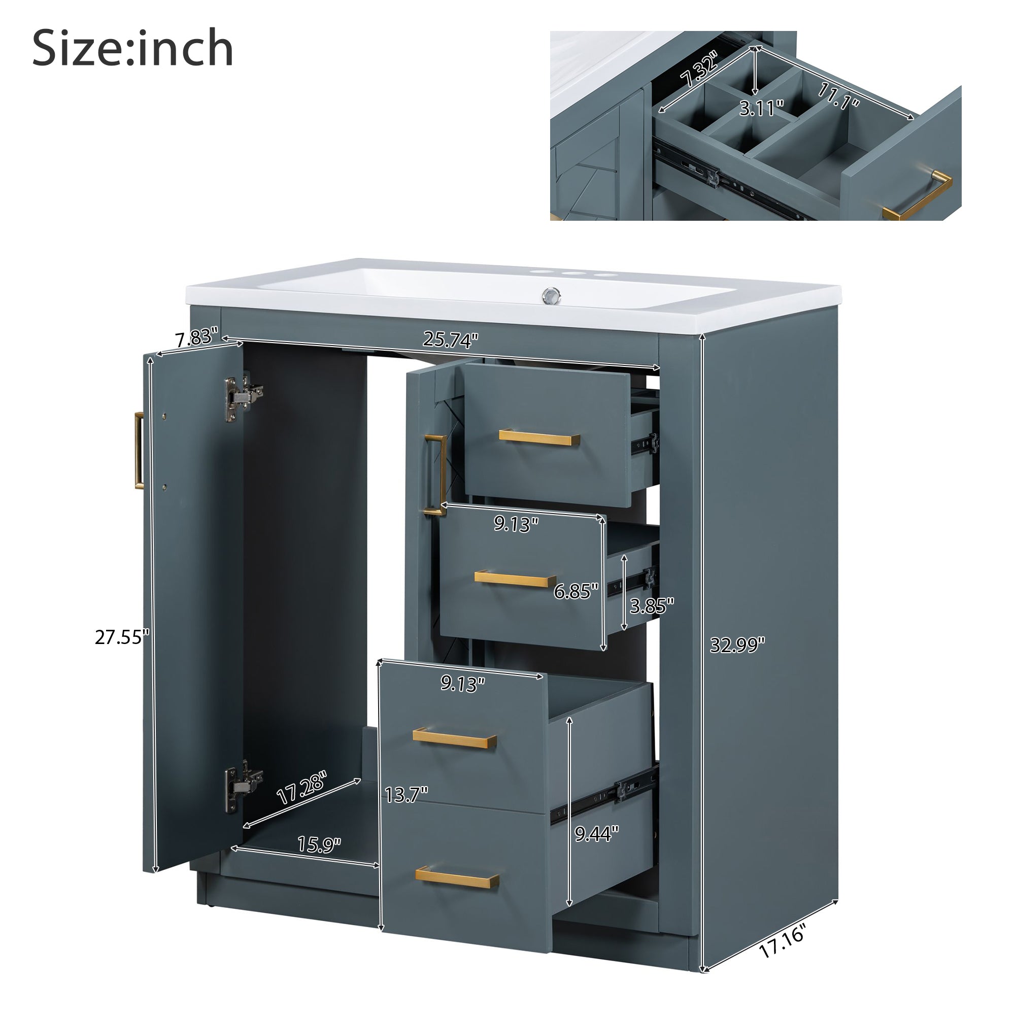 30 inches Freestanding Bathroom Vanity Set in Black with Integrated Resin Sink