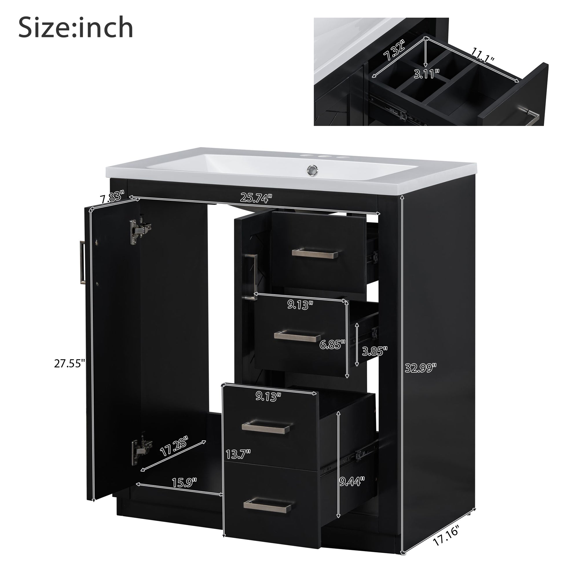 30 inches Freestanding Bathroom Vanity Set in Black with Integrated Resin Sink