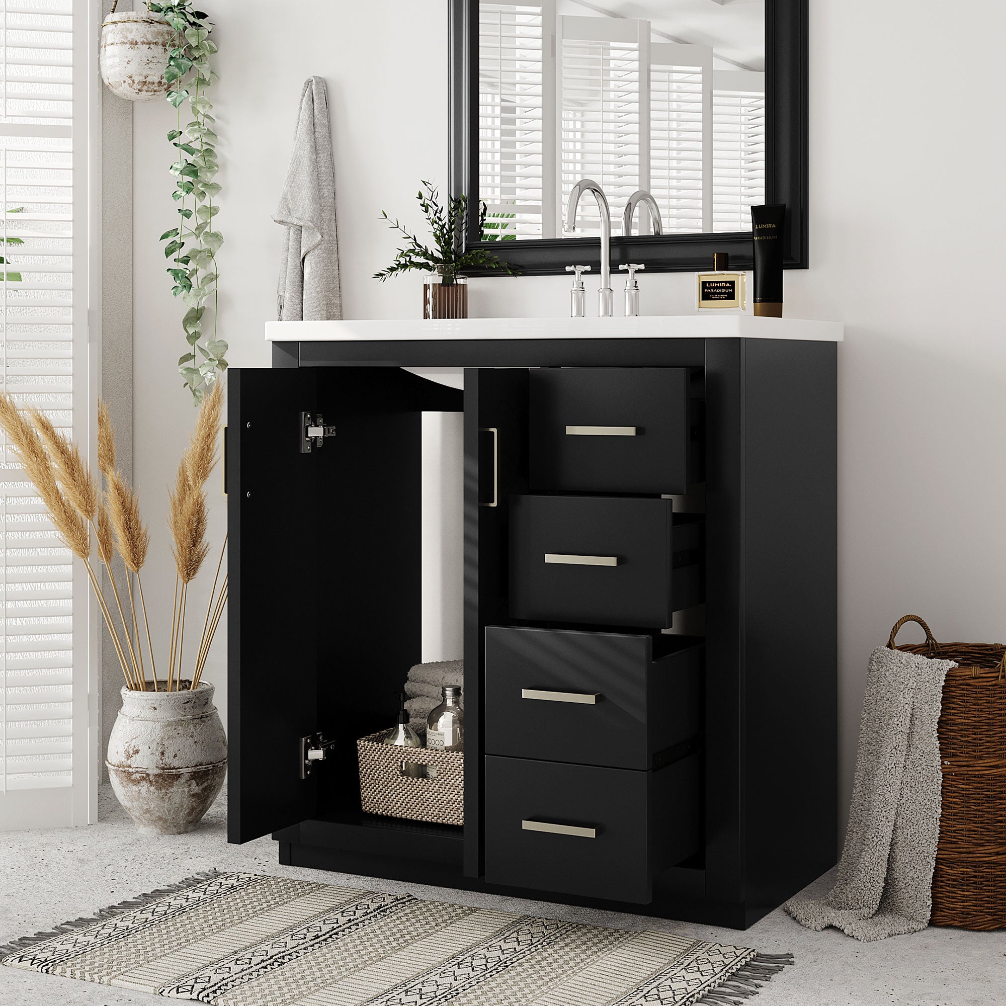 30 inches Freestanding Bathroom Vanity Set in Black with Integrated Resin Sink