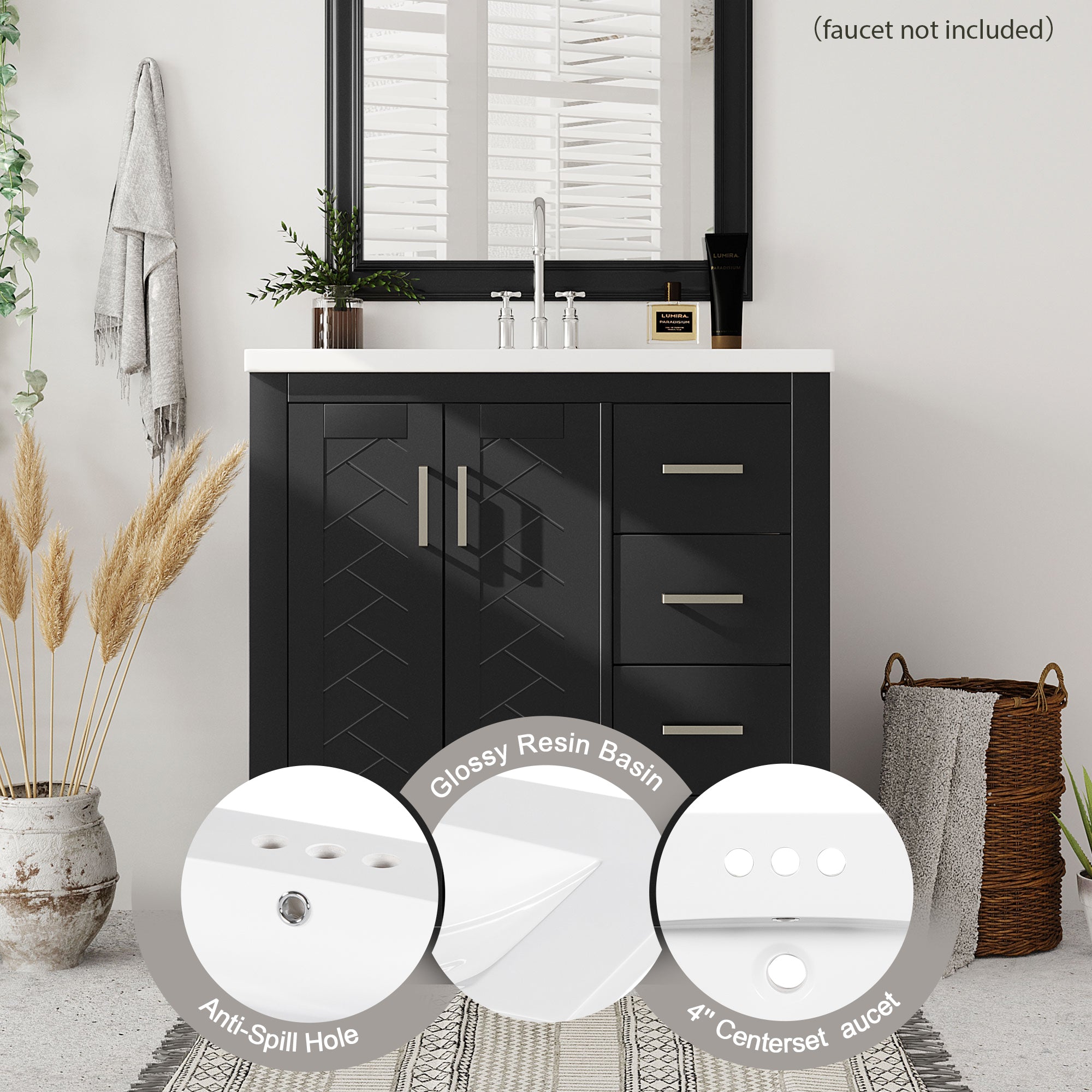 30 inches Freestanding Bathroom Vanity Set in Black with Integrated Resin Sink