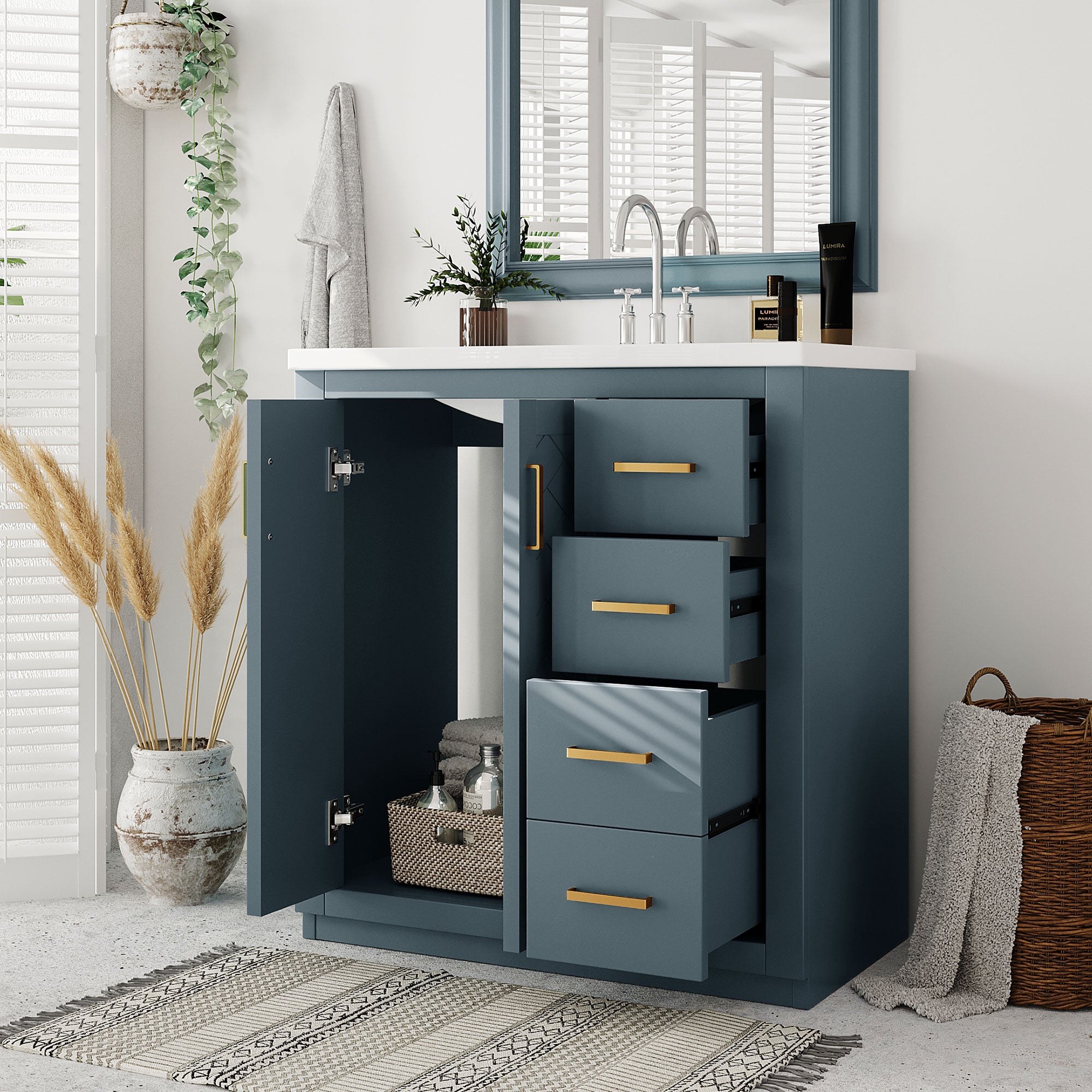 30 inches Freestanding Bathroom Vanity Set in Black with Integrated Resin Sink