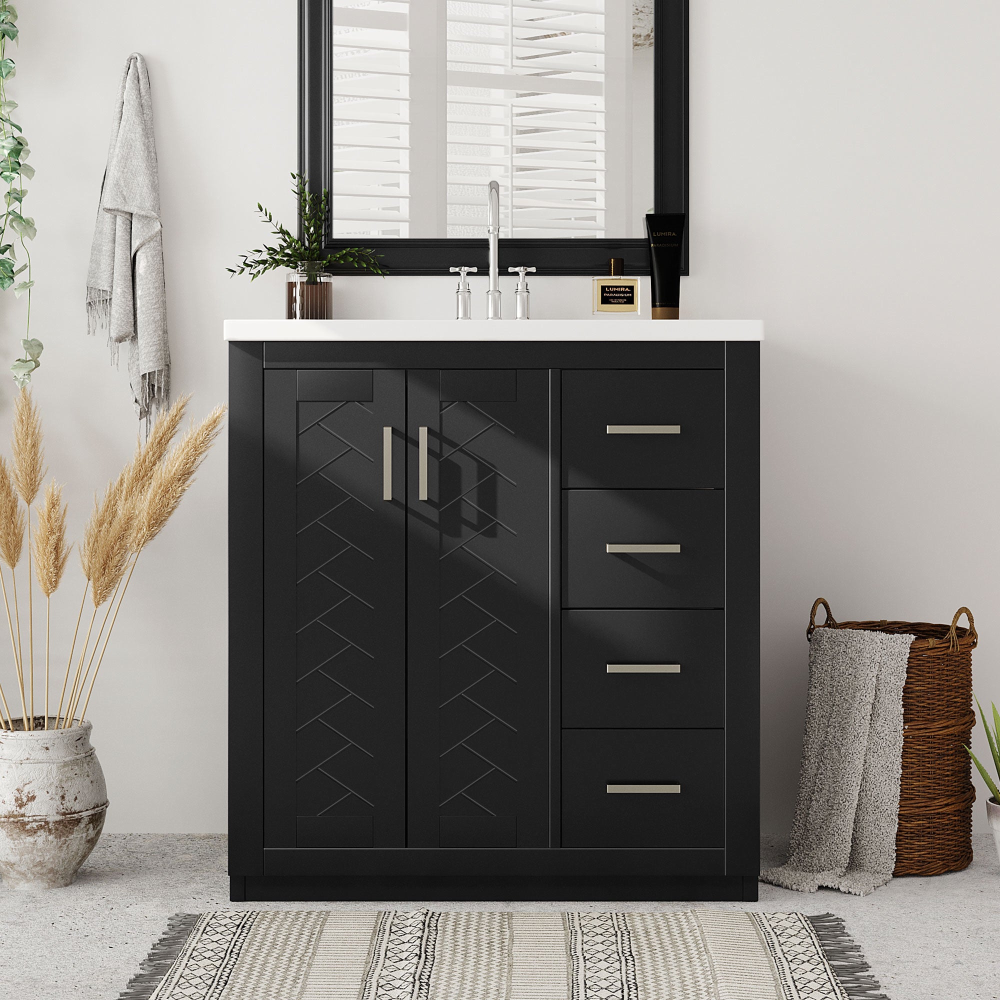 30 inches Freestanding Bathroom Vanity Set in Black with Integrated Resin Sink