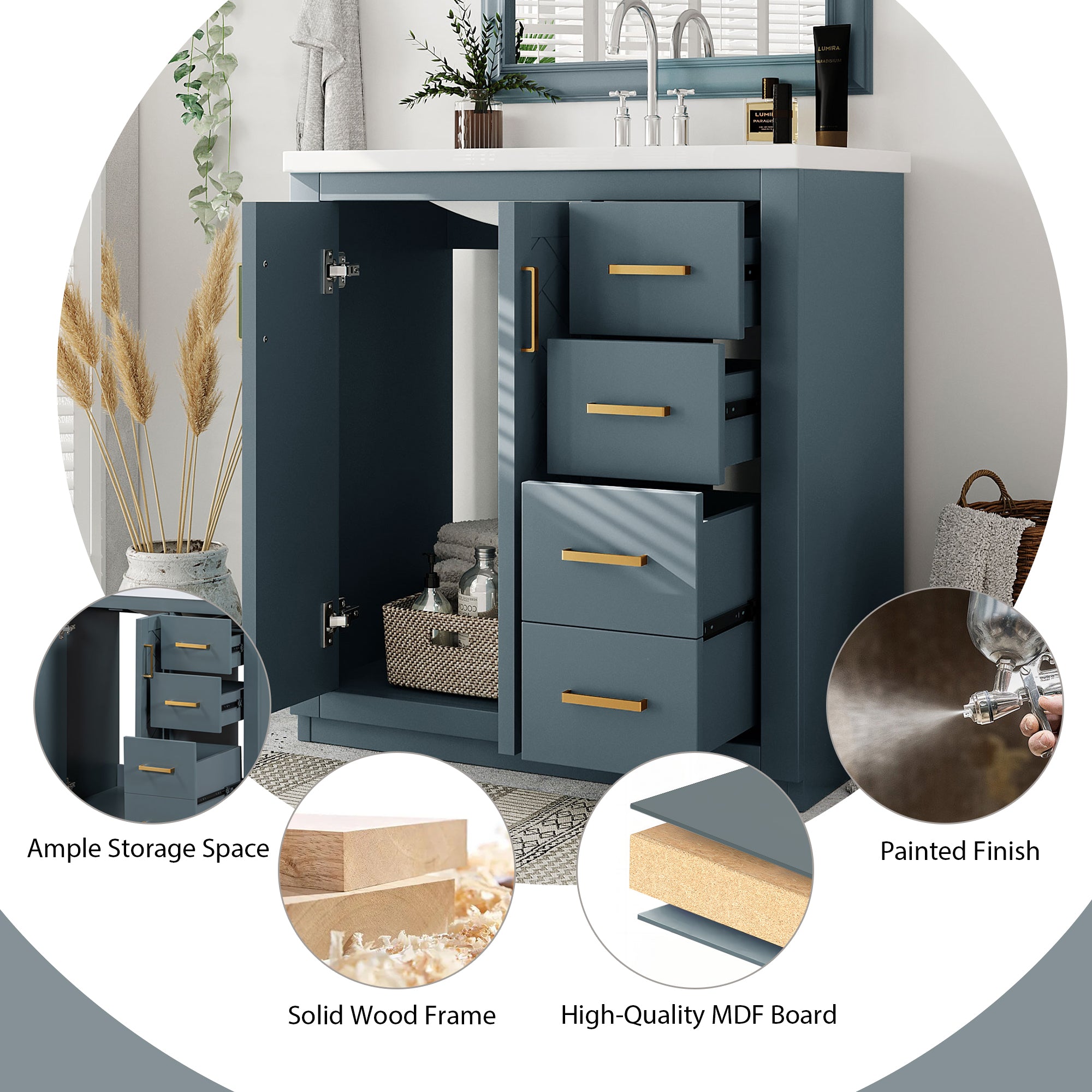 30 inches Freestanding Bathroom Vanity Set in Black with Integrated Resin Sink