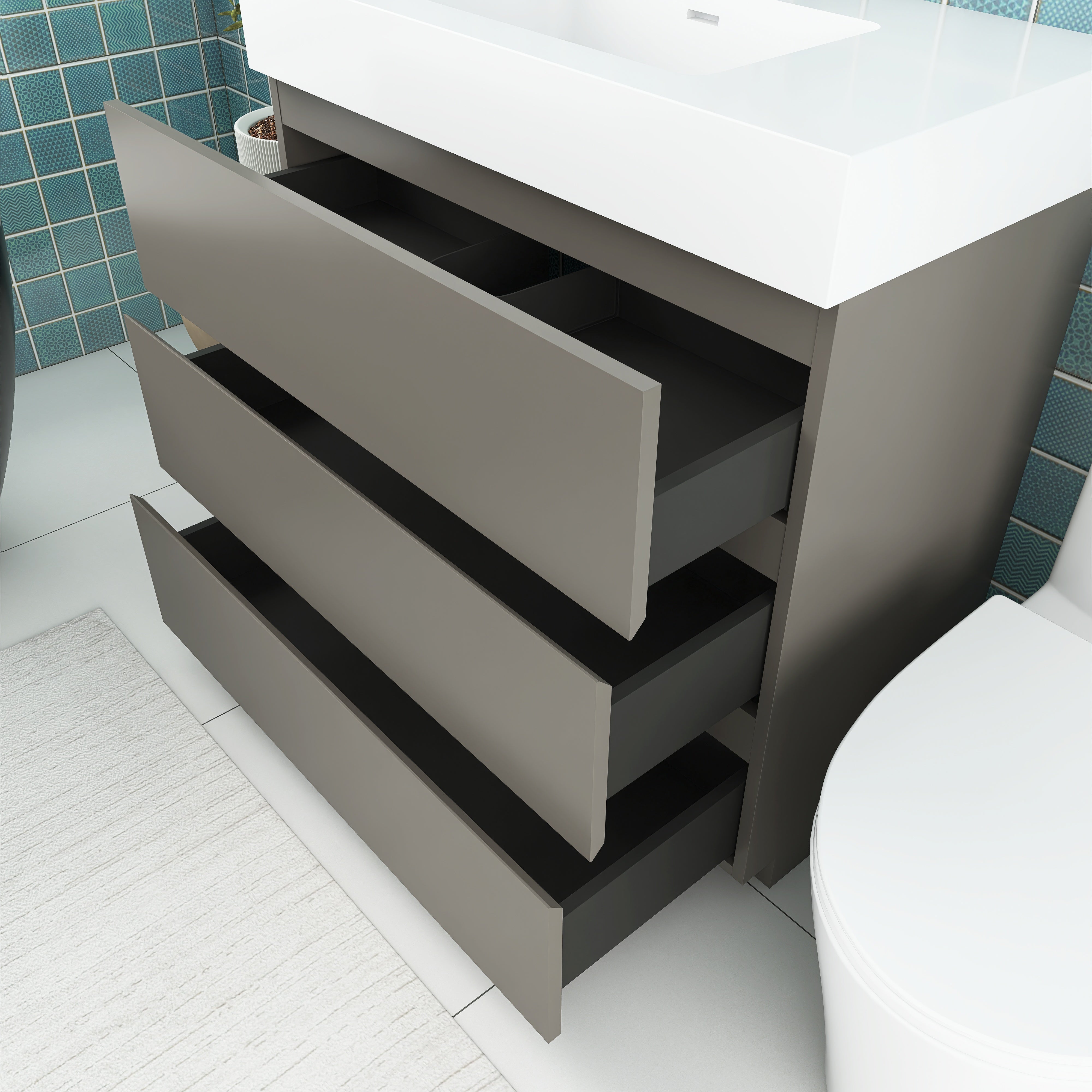 Wood Freestanding Bathroom Vanity Set with White Integrated Resin Sink