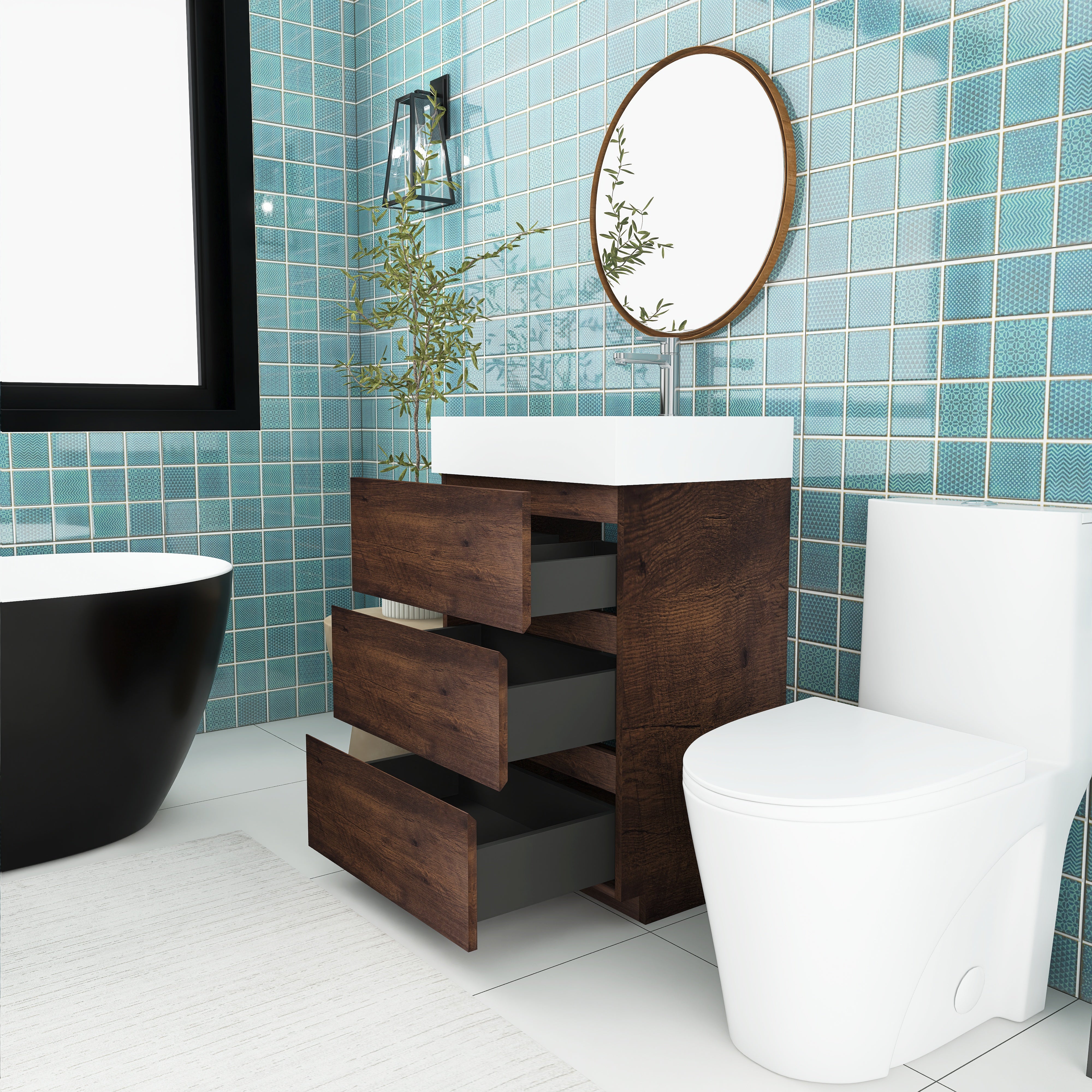 Wood Freestanding Bathroom Vanity Set with White Integrated Resin Sink