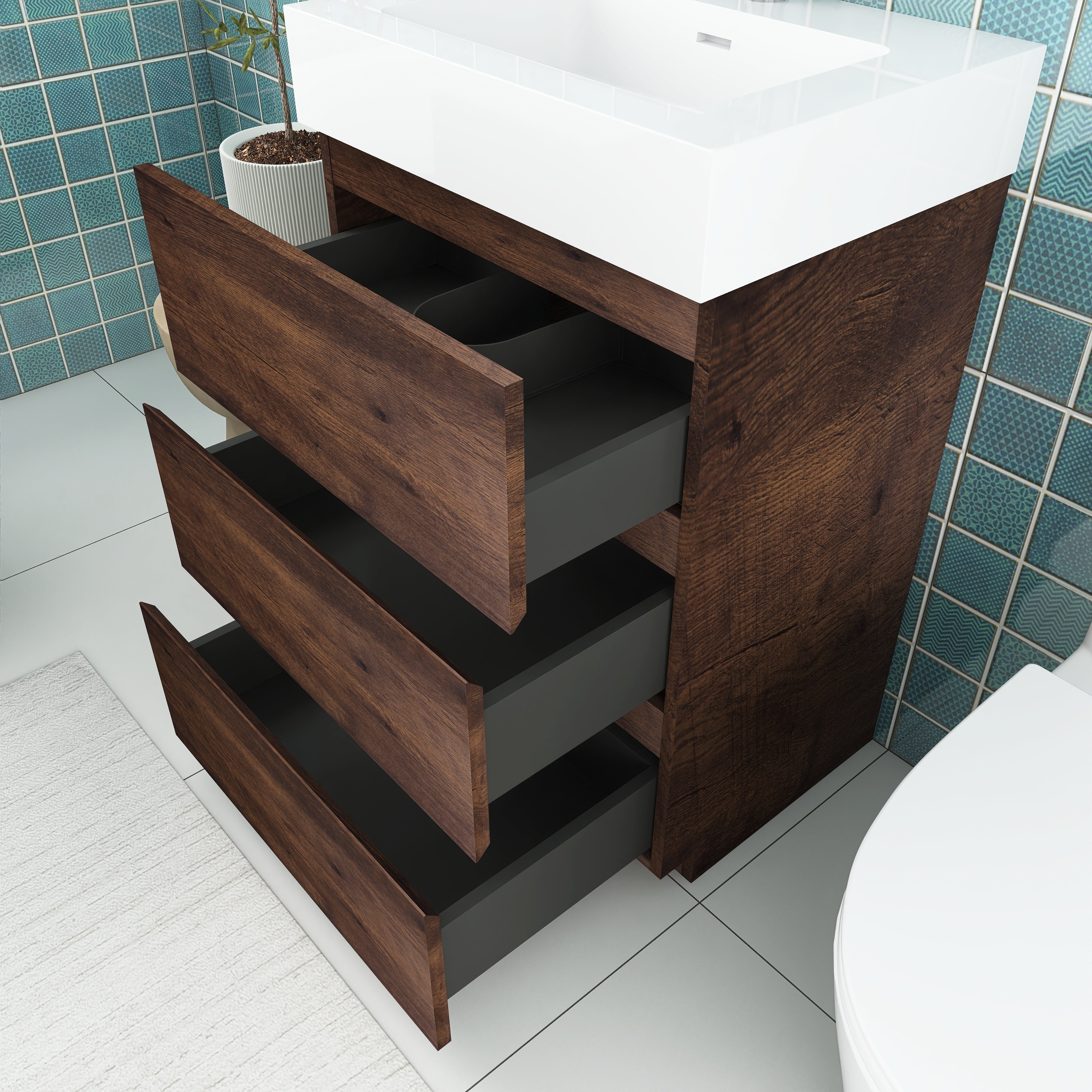 Wood Freestanding Bathroom Vanity Set with White Integrated Resin Sink