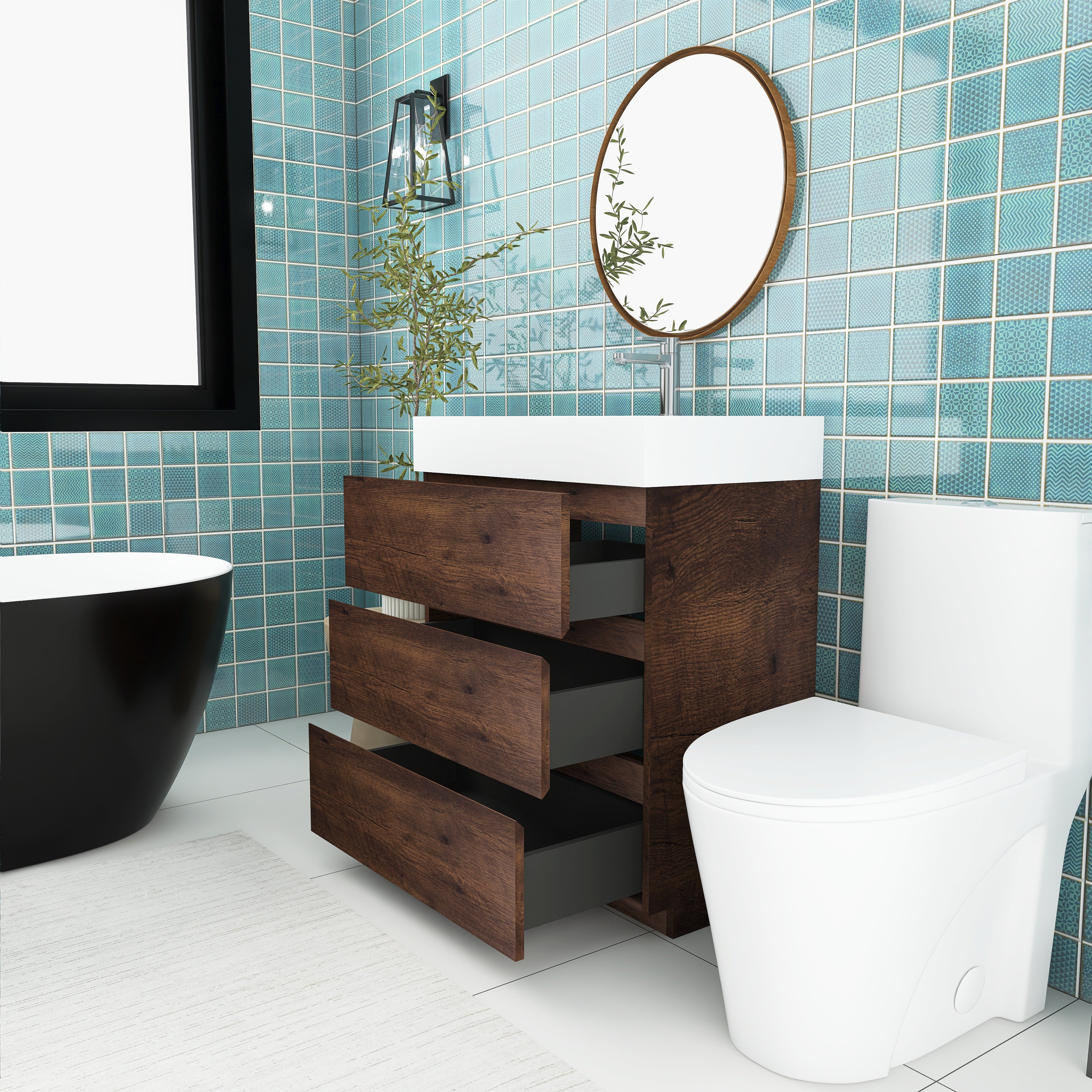 Wood Freestanding Bathroom Vanity Set with White Integrated Resin Sink