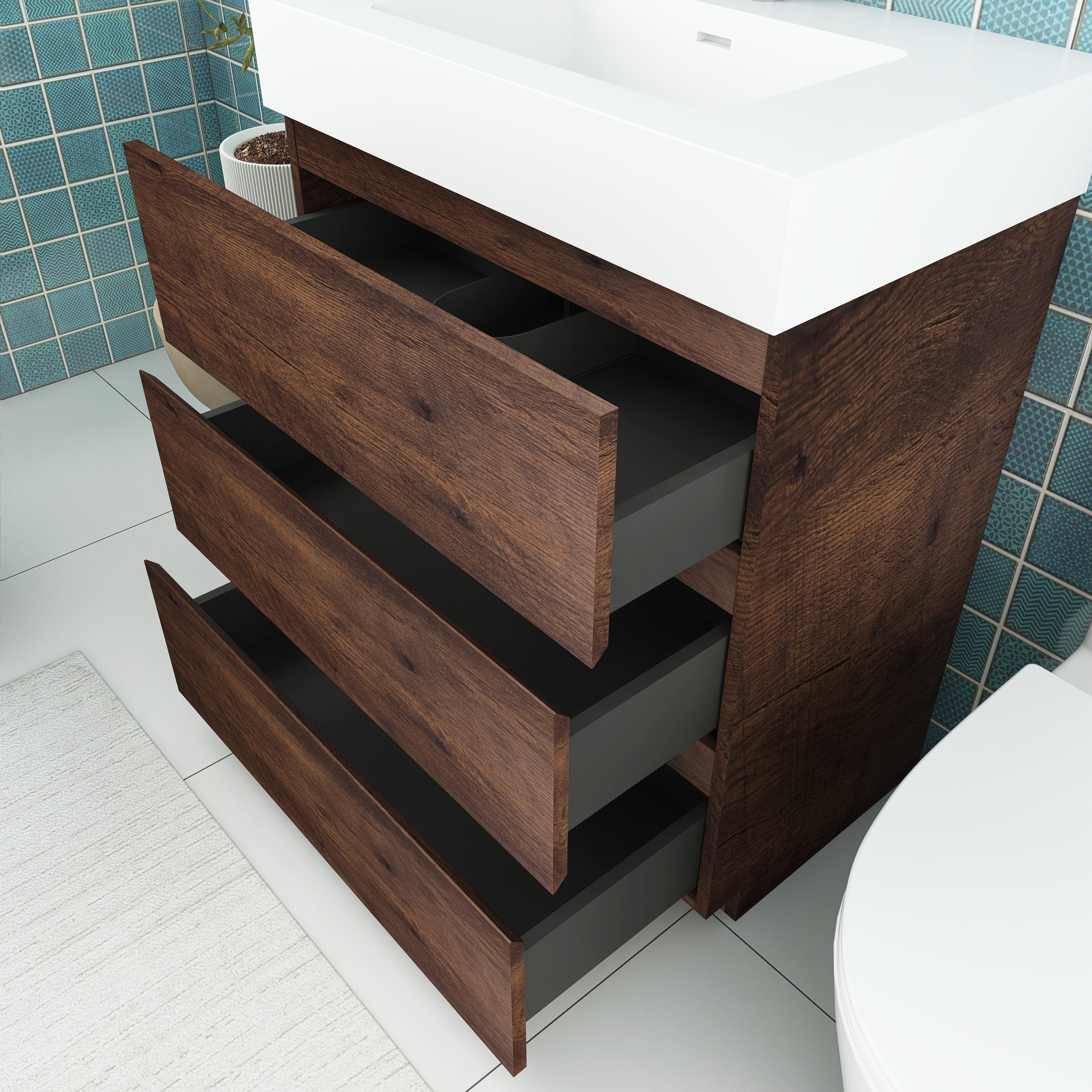 Wood Freestanding Bathroom Vanity Set with White Integrated Resin Sink