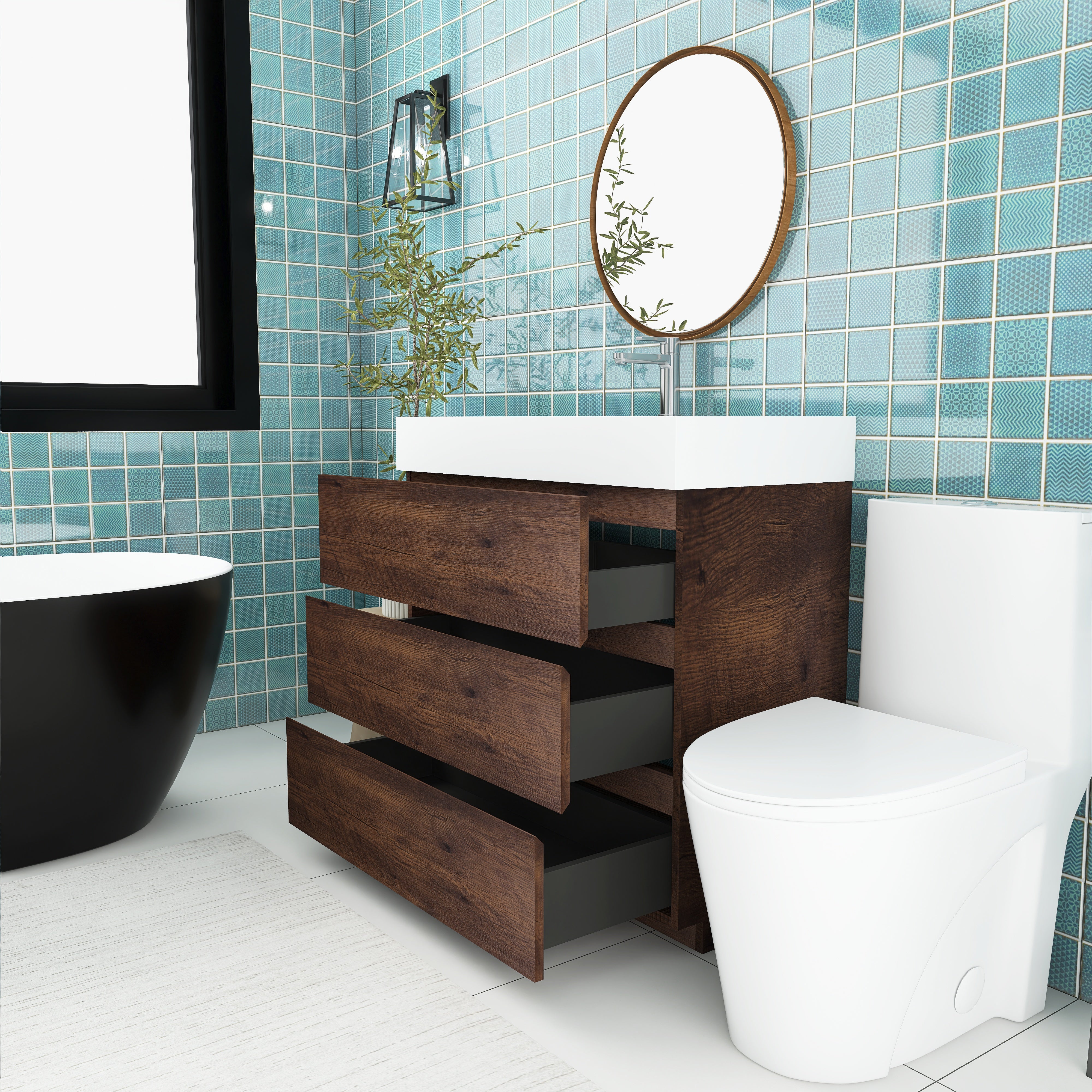 Wood Freestanding Bathroom Vanity Set with White Integrated Resin Sink