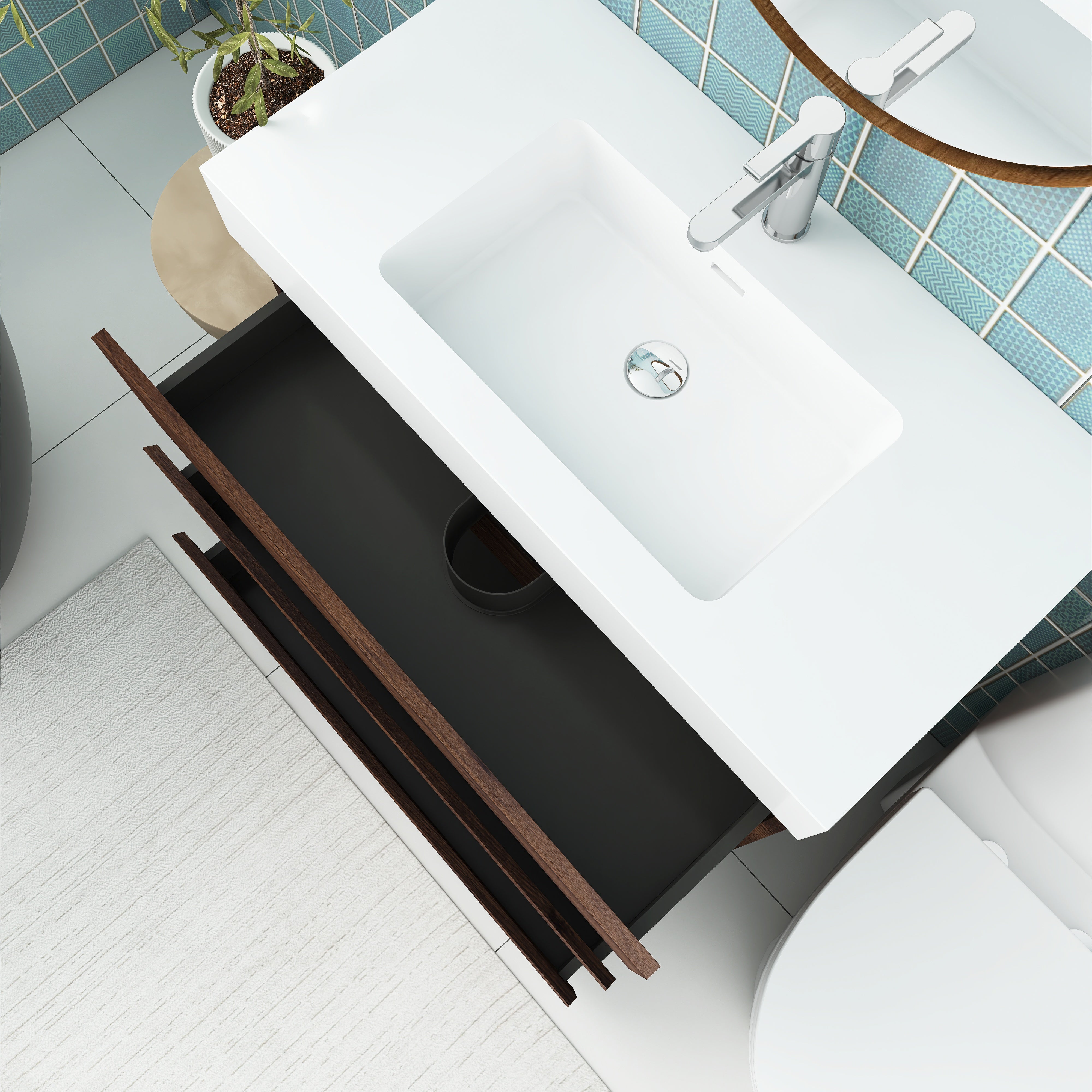 Wood Freestanding Bathroom Vanity Set with White Integrated Resin Sink