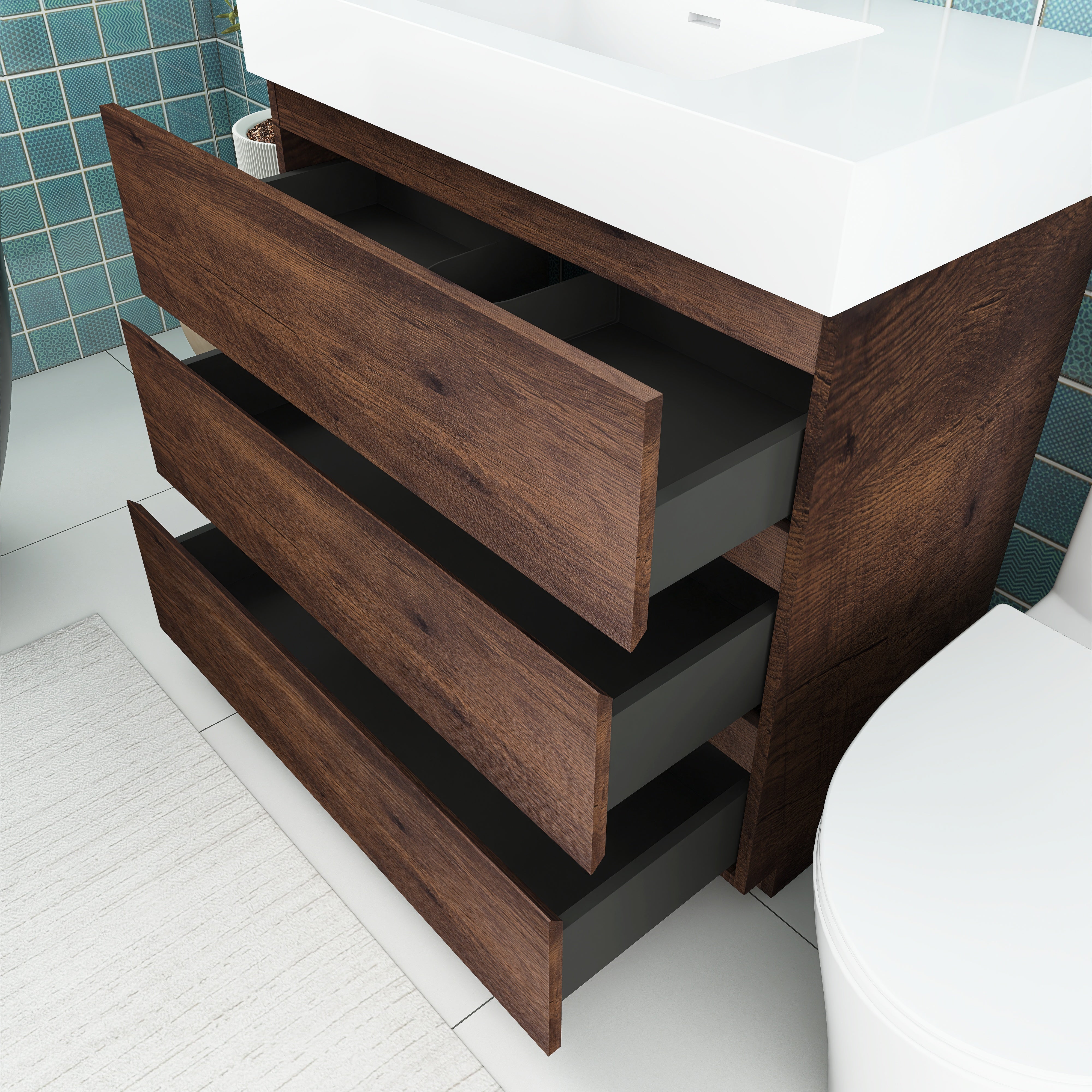 Wood Freestanding Bathroom Vanity Set with White Integrated Resin Sink