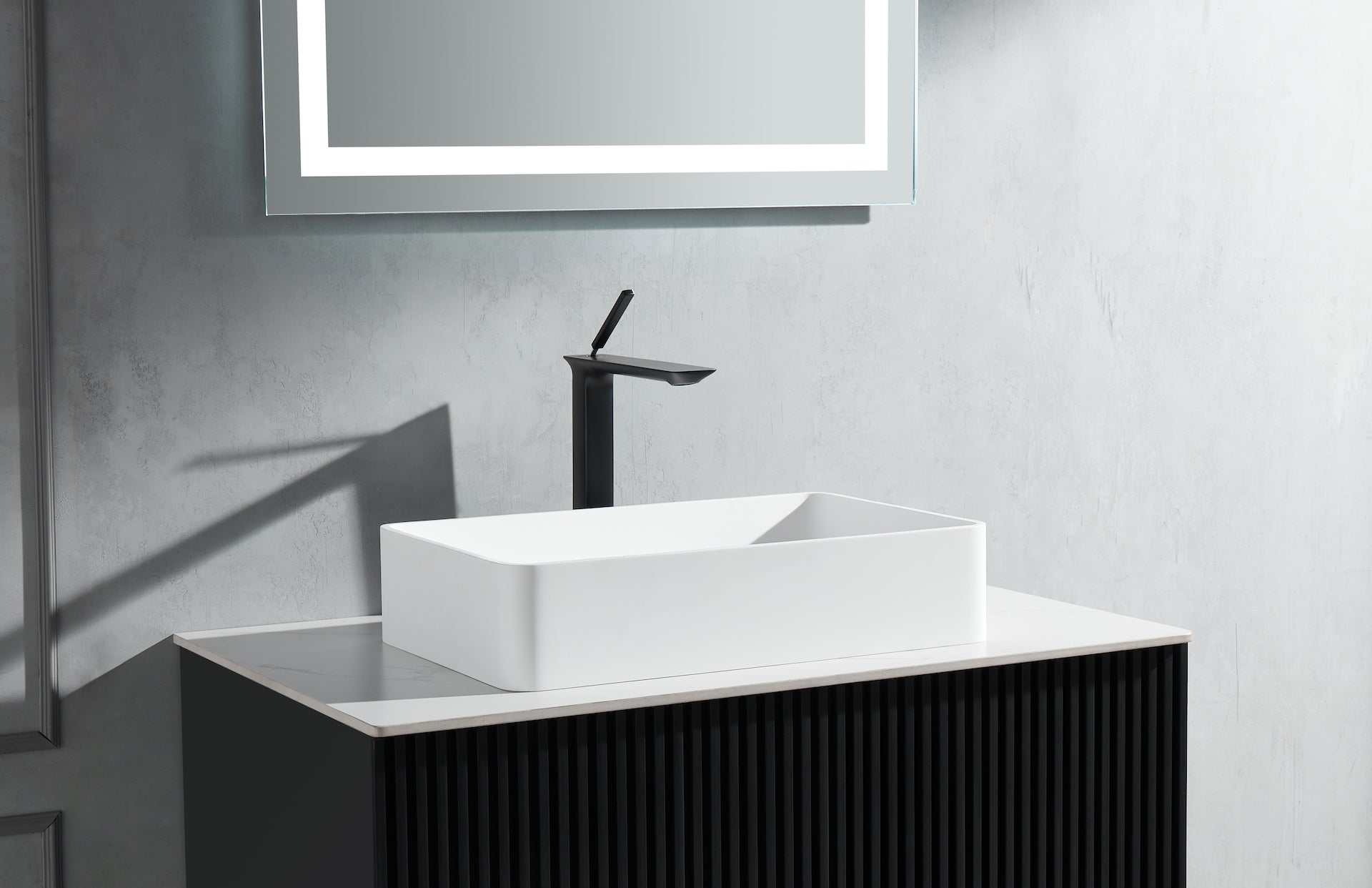 Stone Rectangular Vessel Bathroom Sink in Matte White