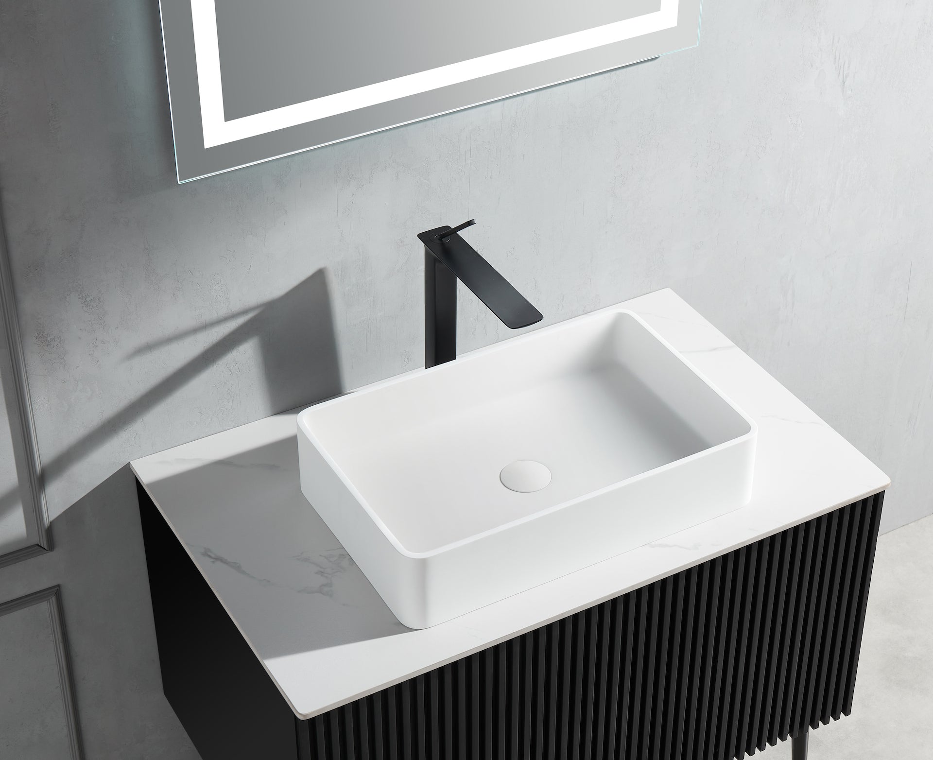 Stone Rectangular Vessel Bathroom Sink in Matte White