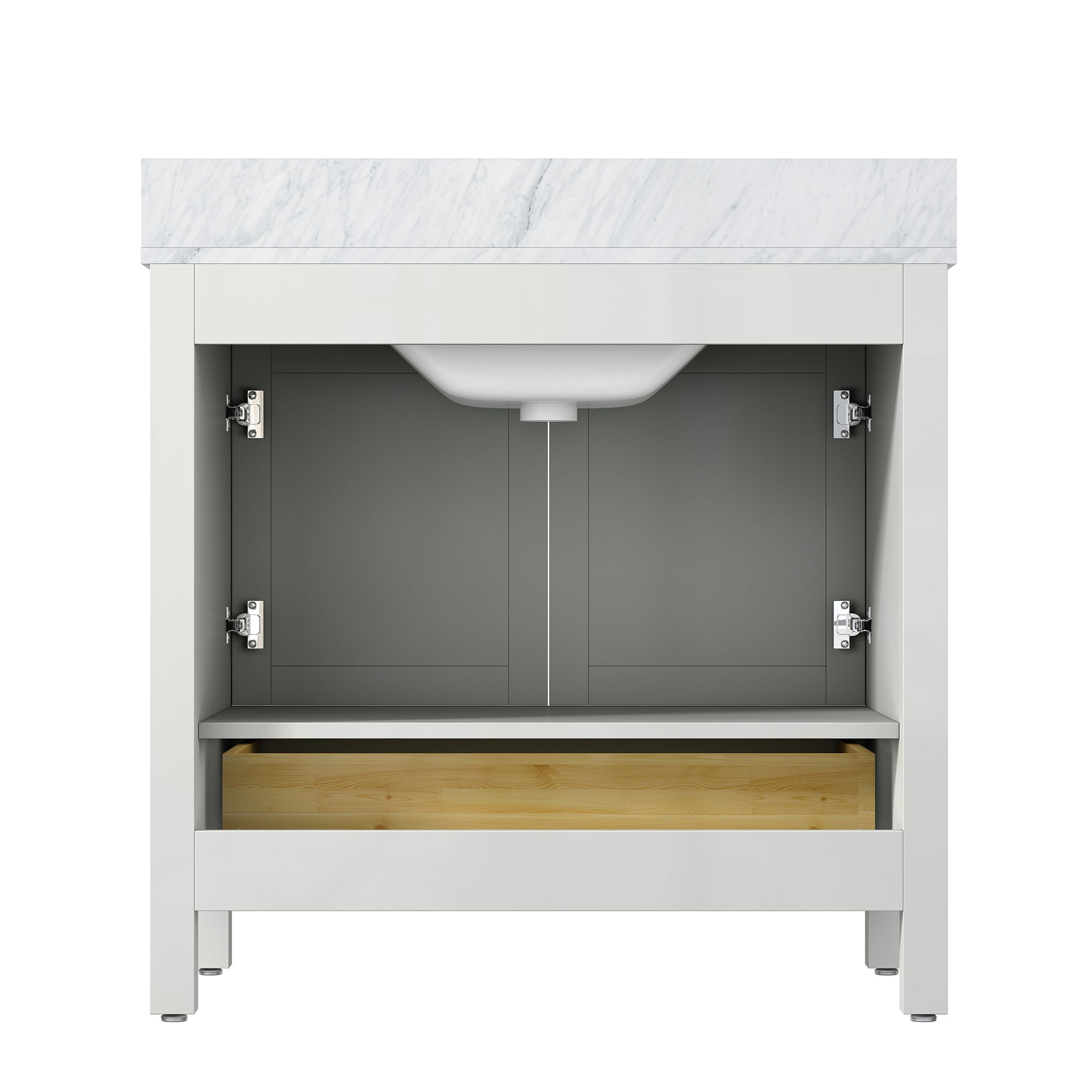 36" Plywood Freestanding Bathroom Vanity Set with Drawer and Doors and Natural Marble Top and Ceramic Sink