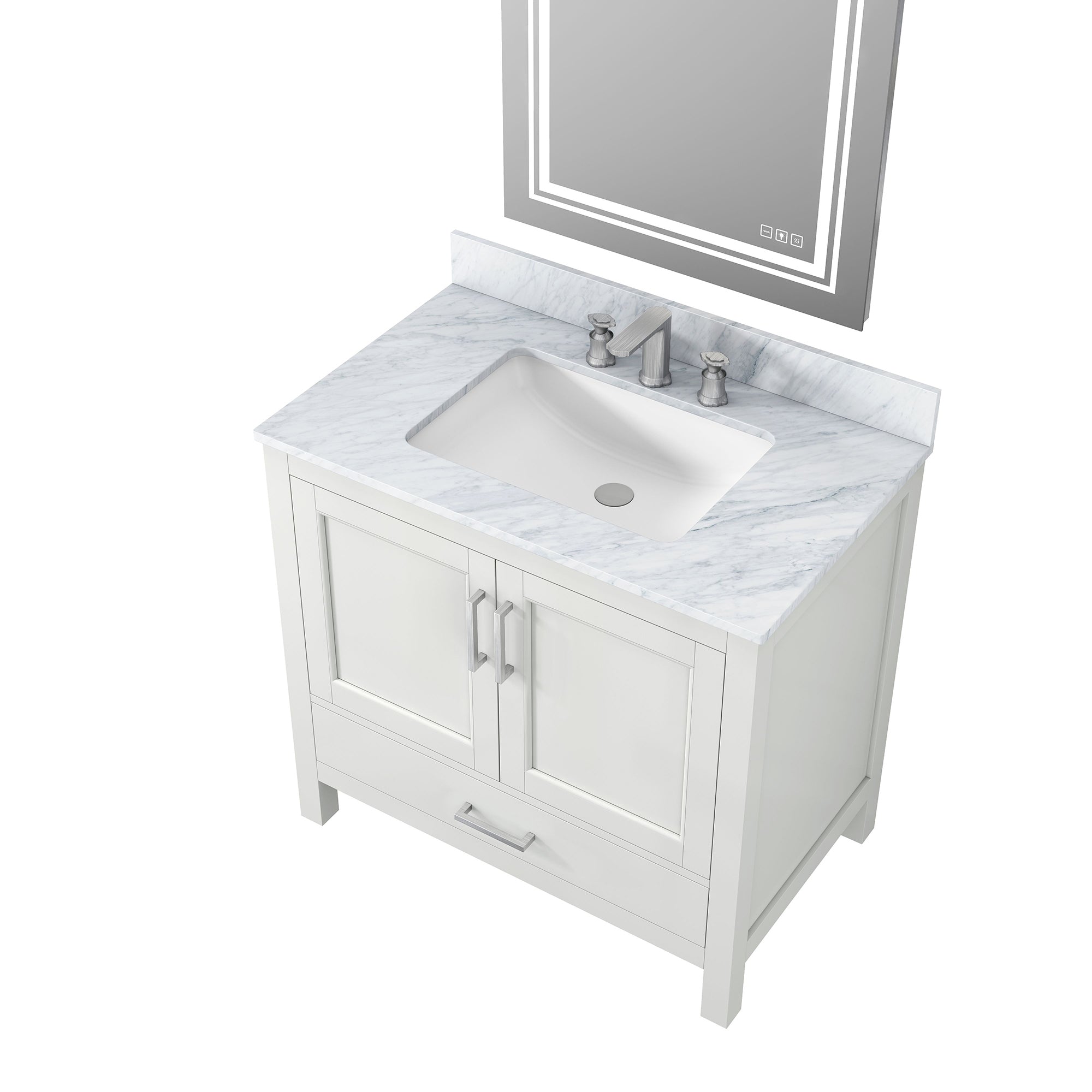 36" Plywood Freestanding Bathroom Vanity Set with Drawer and Doors and Natural Marble Top and Ceramic Sink
