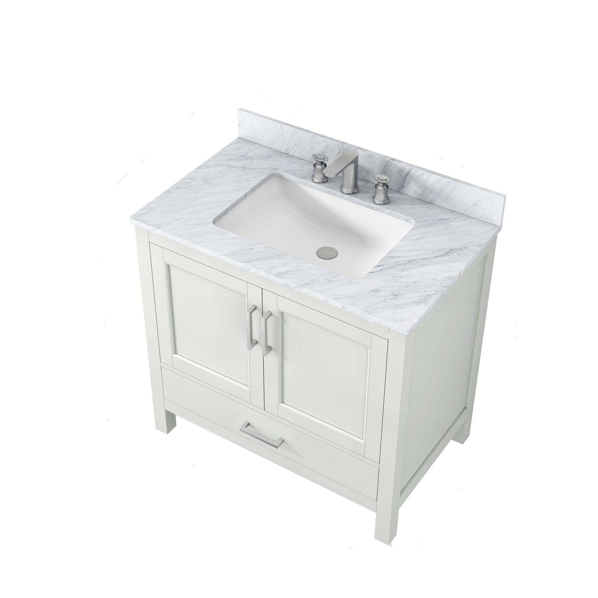 36" Plywood Freestanding Bathroom Vanity Set with Drawer and Doors and Natural Marble Top and Ceramic Sink