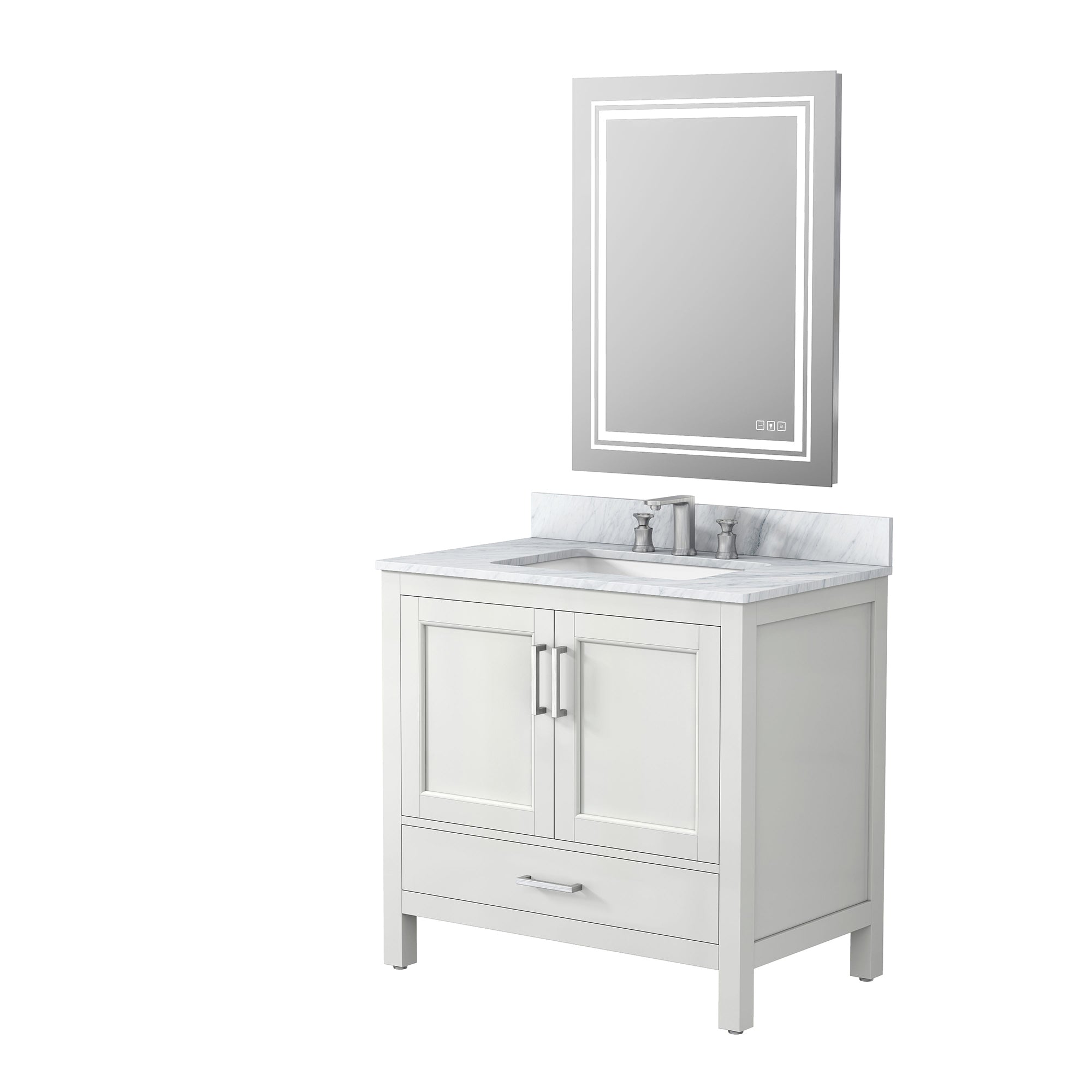 36" Plywood Freestanding Bathroom Vanity Set with Drawer and Doors and Natural Marble Top and Ceramic Sink
