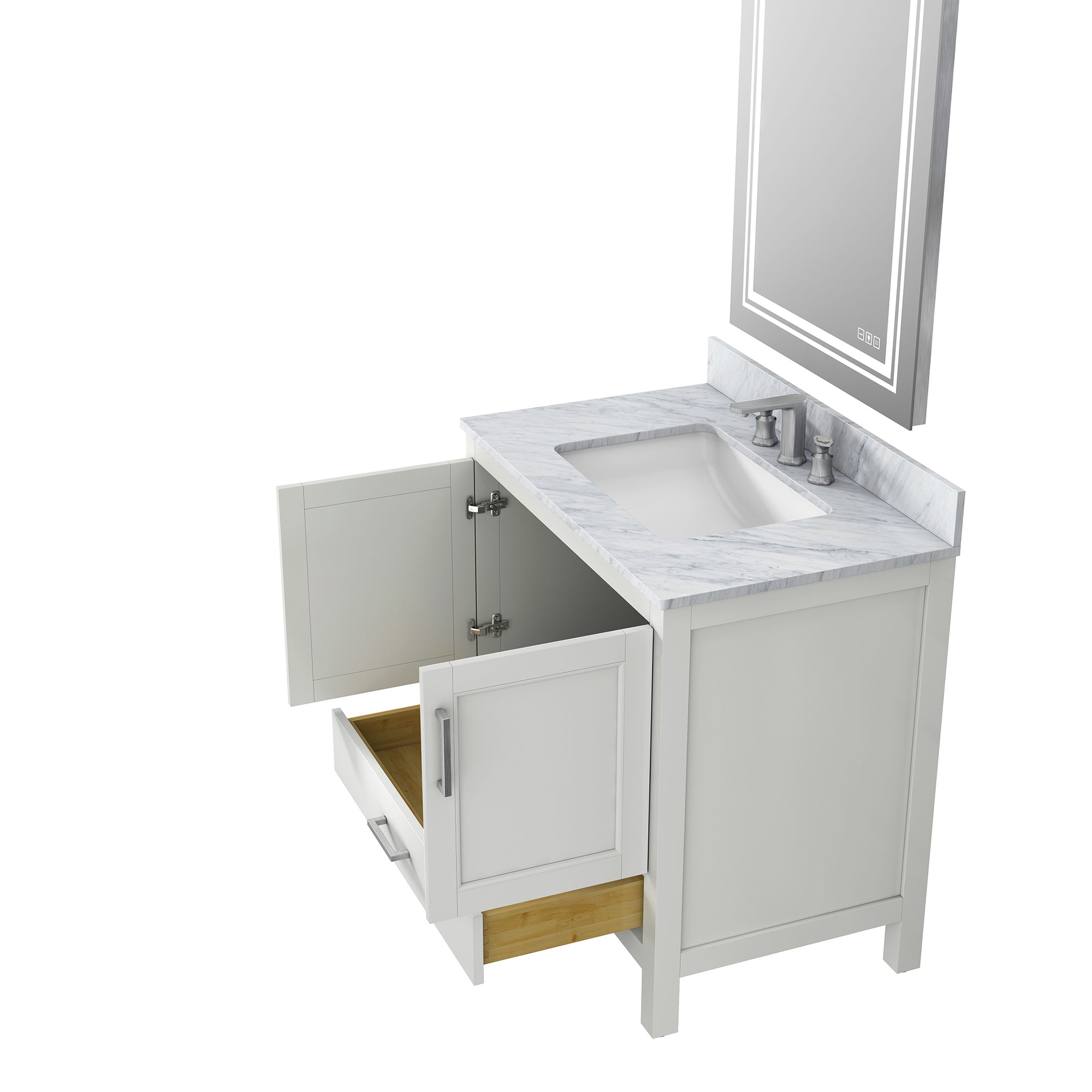 36" Plywood Freestanding Bathroom Vanity Set with Drawer and Doors and Natural Marble Top and Ceramic Sink