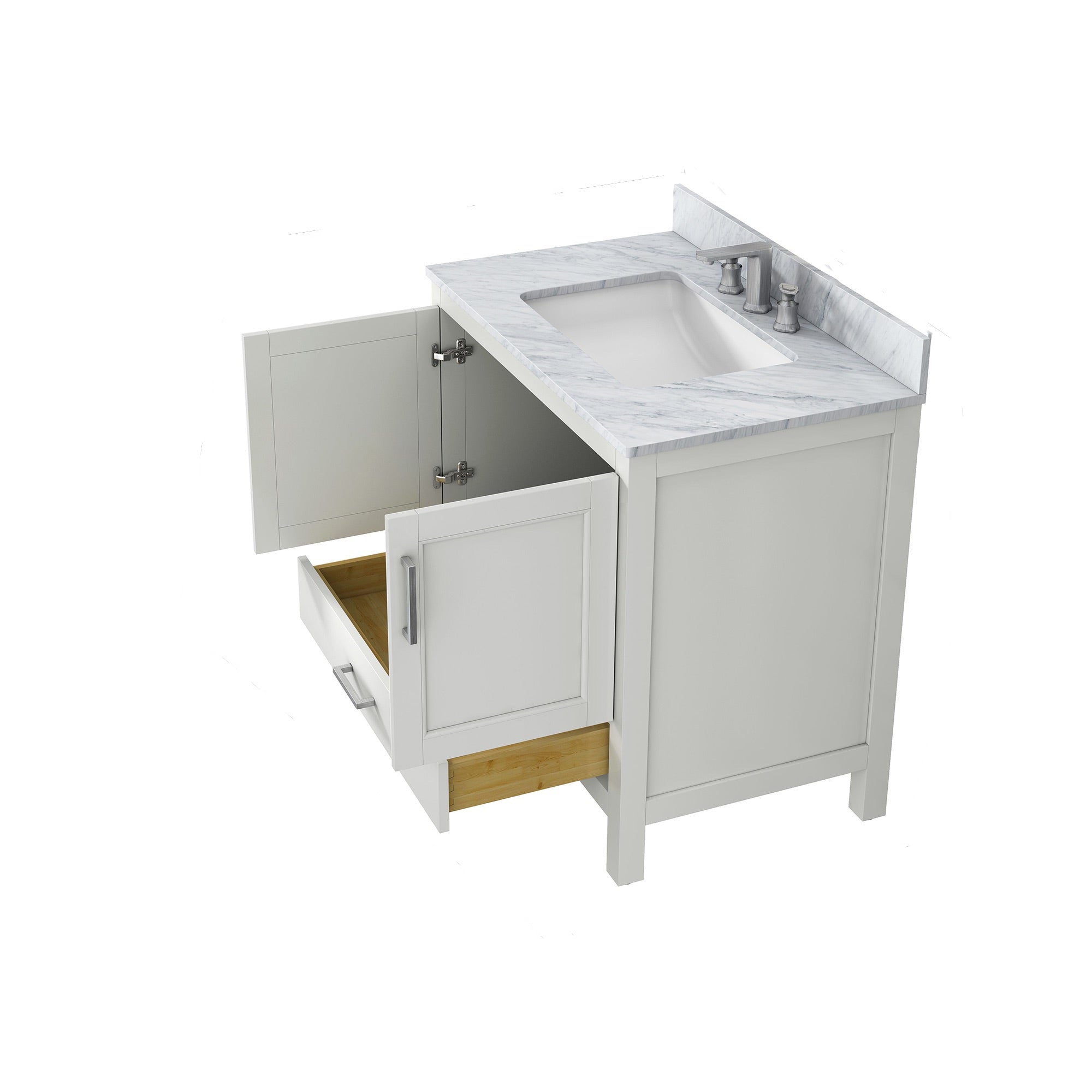 36" Plywood Freestanding Bathroom Vanity Set with Drawer and Doors and Natural Marble Top and Ceramic Sink
