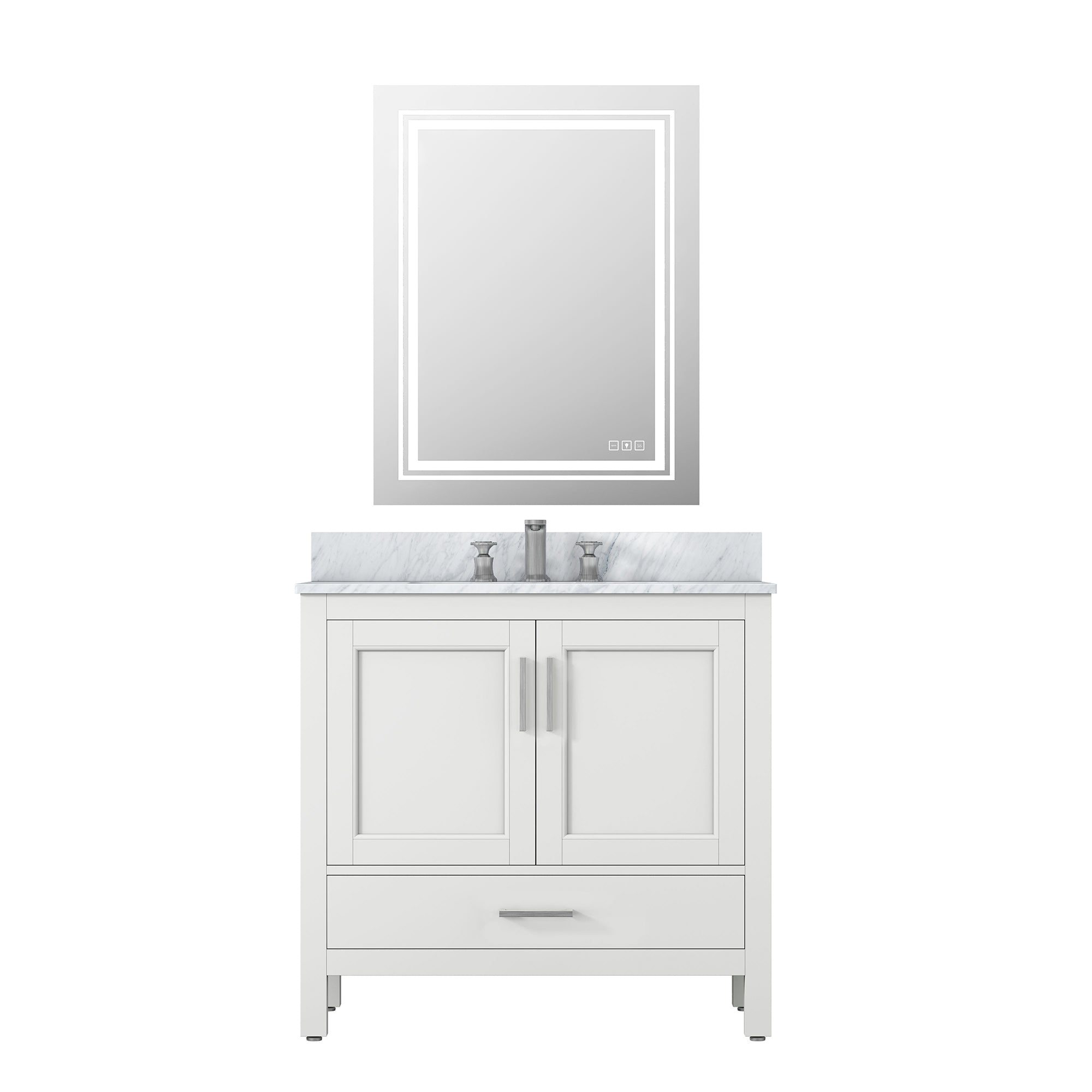36" Plywood Freestanding Bathroom Vanity Set with Drawer and Doors and Natural Marble Top and Ceramic Sink