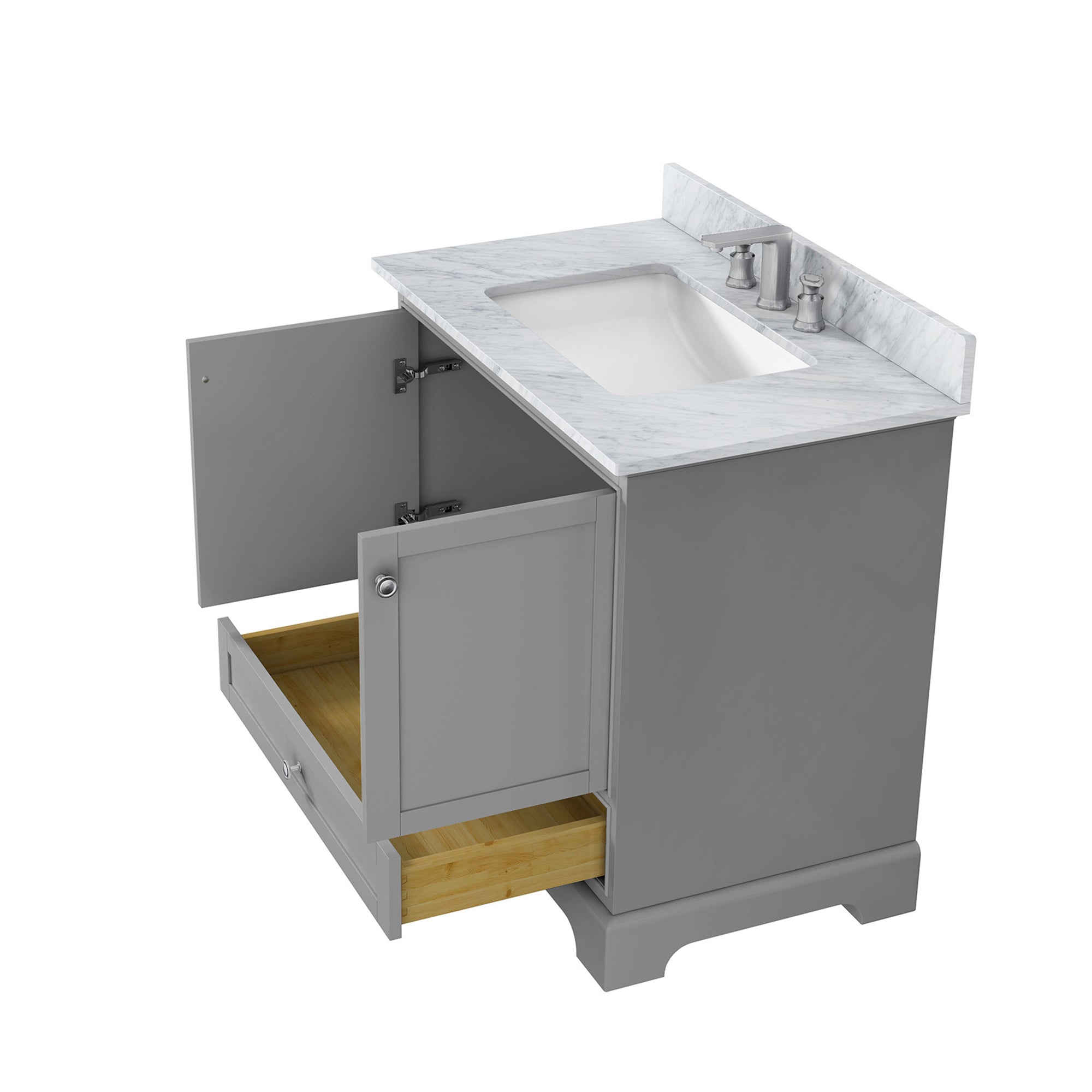 36 inch Matte White Solid Wood Freestanding Bathroom Vanity Set with Drawer and Doors and Integrated Ceramic Sink