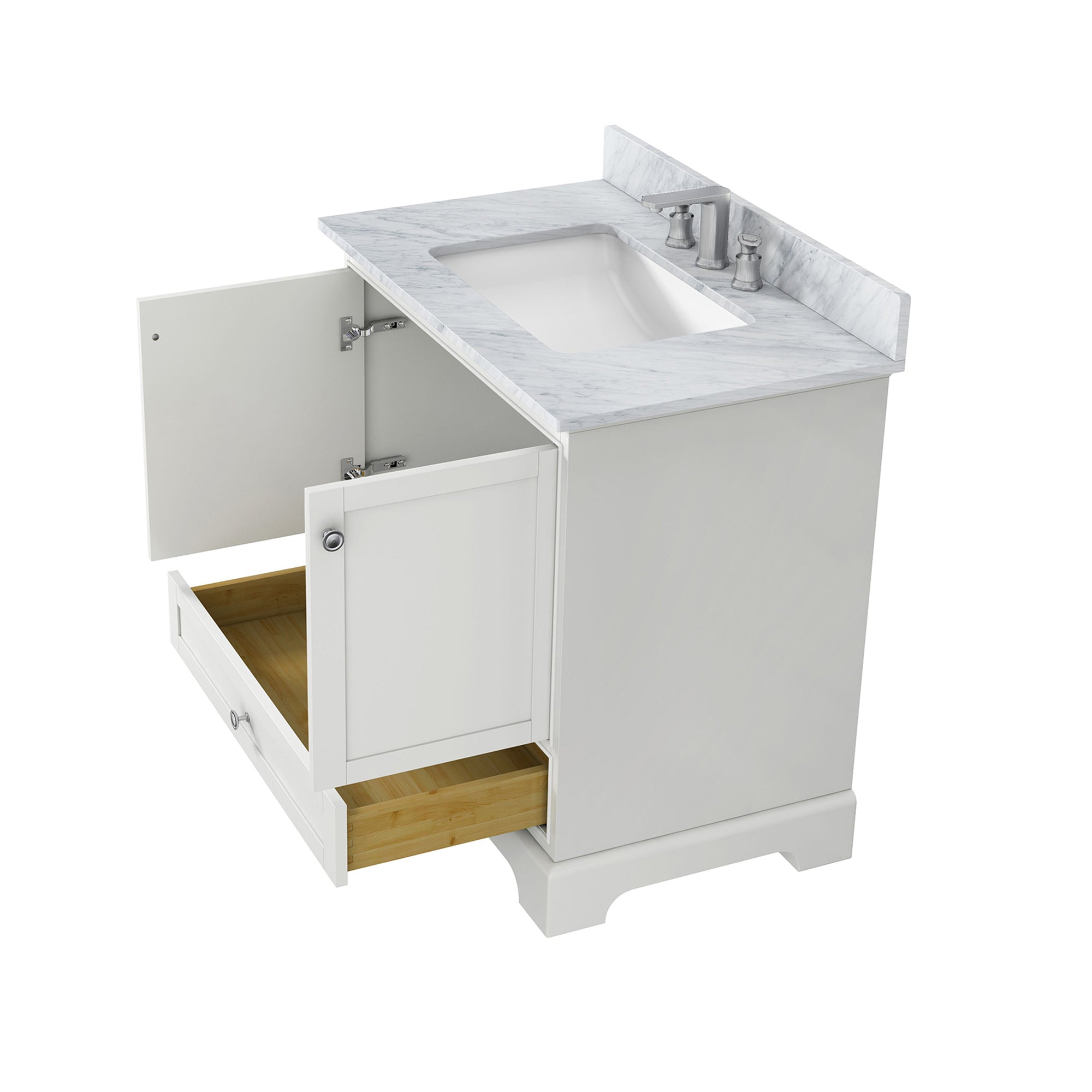 36 inch Matte White Solid Wood Freestanding Bathroom Vanity Set with Drawer and Doors and Integrated Ceramic Sink