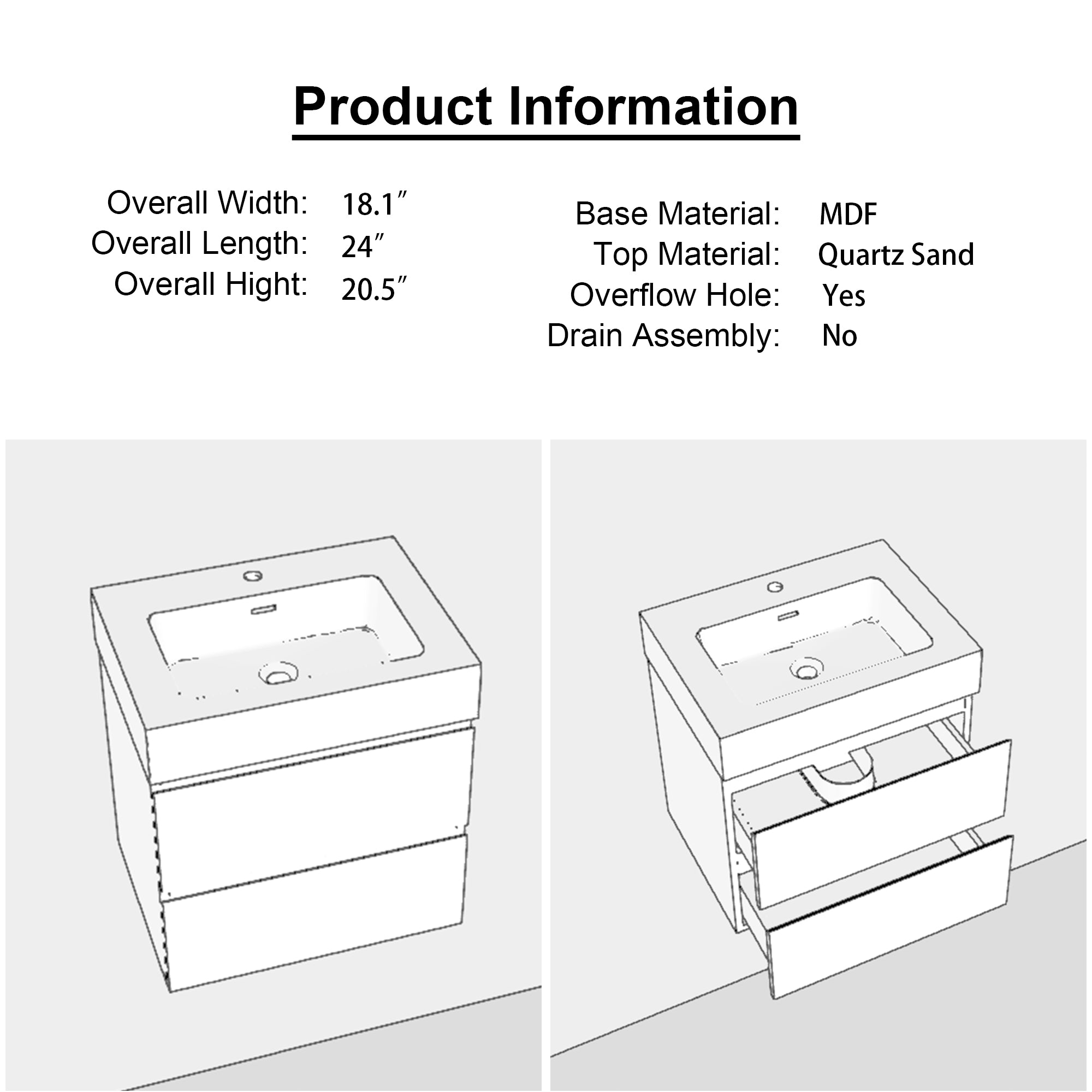 24"/30"/36" Wood Wall-Mounted Bathroom Vanity Set with Black Integrated Quartz Sand Sink