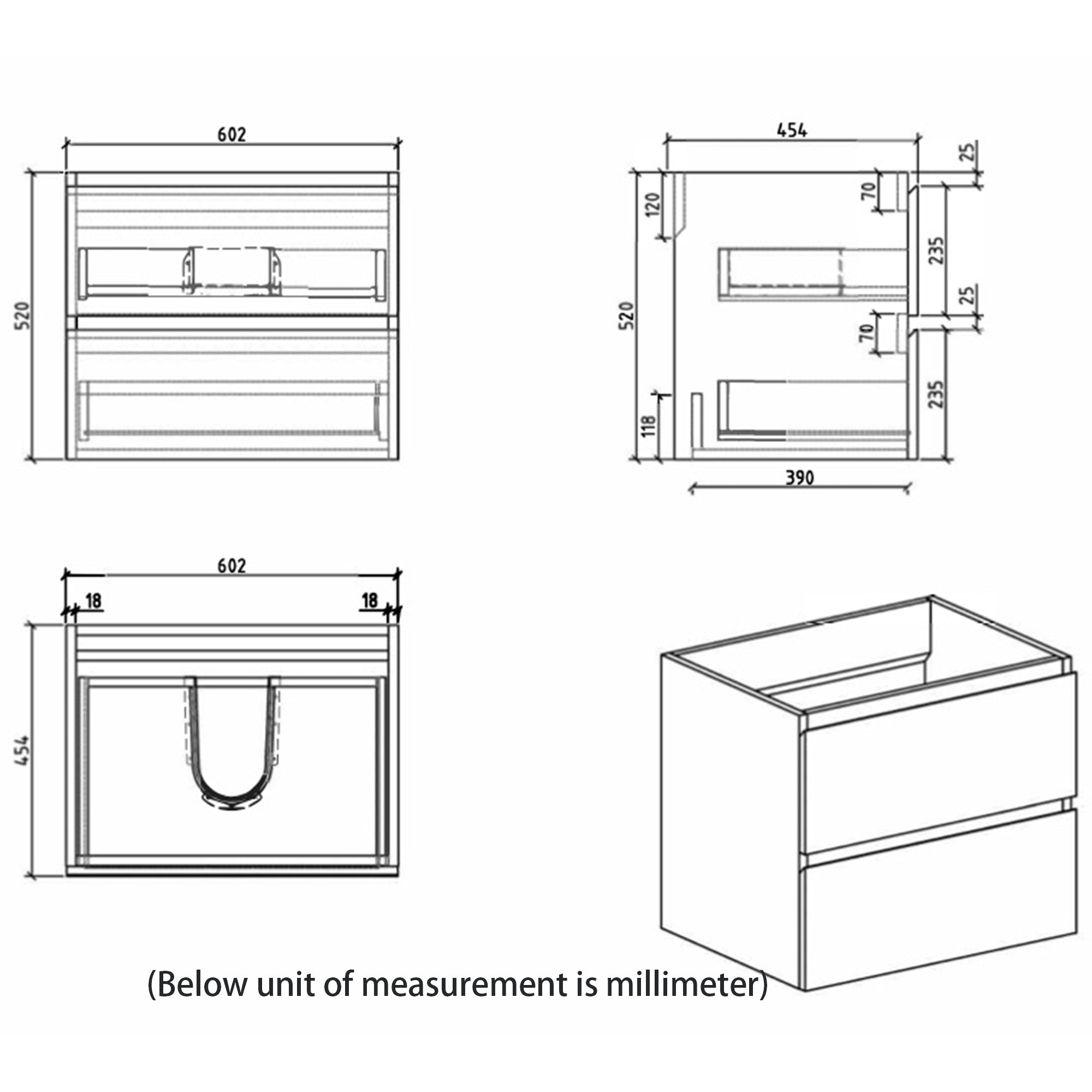 Wall-Mounted Bathroom Vanity Set with 2 Drawers and  Black Solid Surface Sink