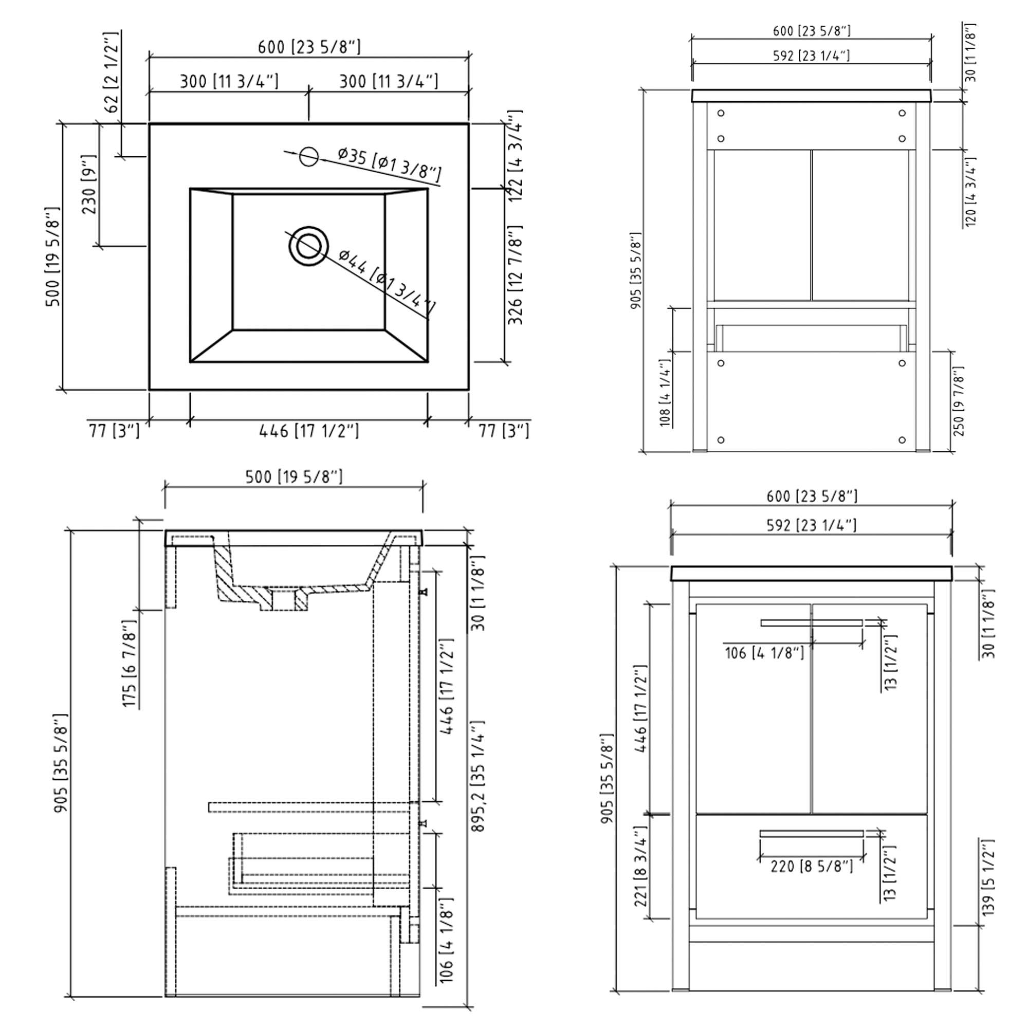 24 in. Freestanding Bathroom Vanity Set in Grey Oak with Integrated Solid Surface Sink