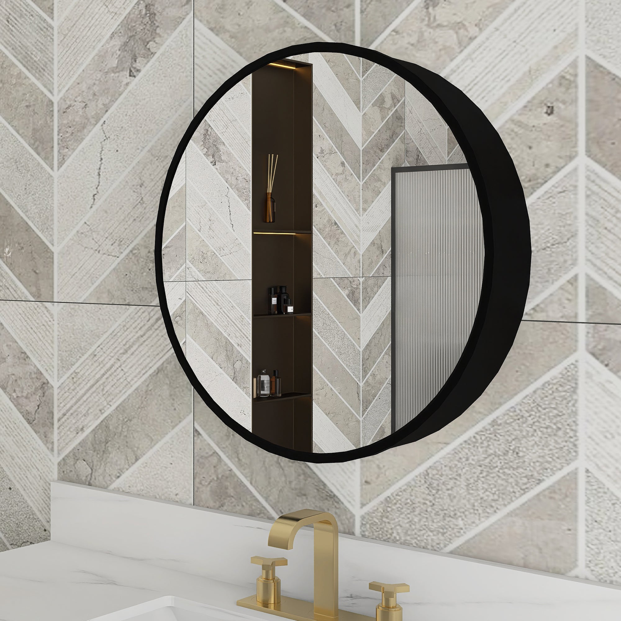 Staykiwi Medicine Cabinet Round 24 x 24 Inch, Wall Mount Bathroom Cabinet with Mirror, Circular Black Metal Framed Bath Storage Cabinet Surface Mounted