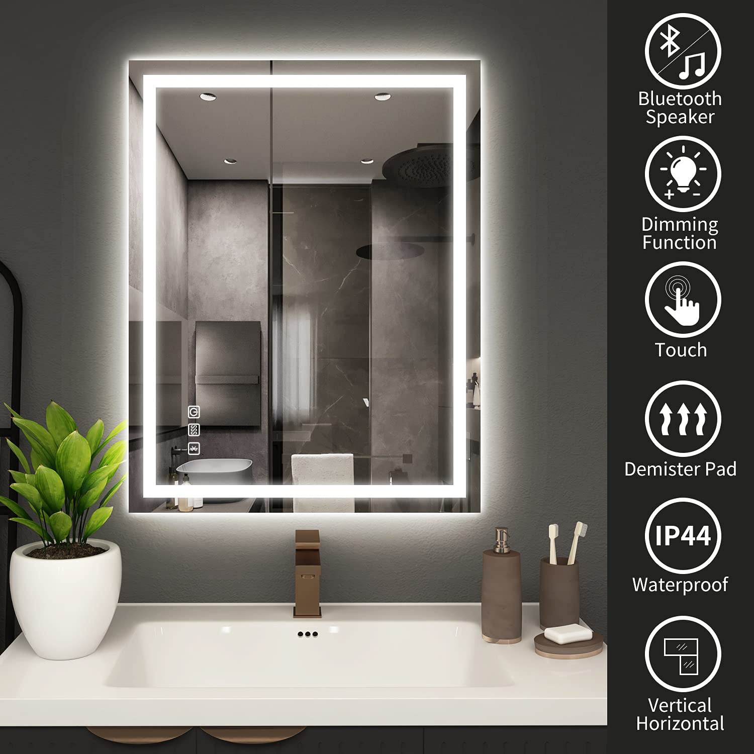 Round Frameless Anti-Fog Multi-functional Wall-Mount LED Bathroom Vanity Mirror