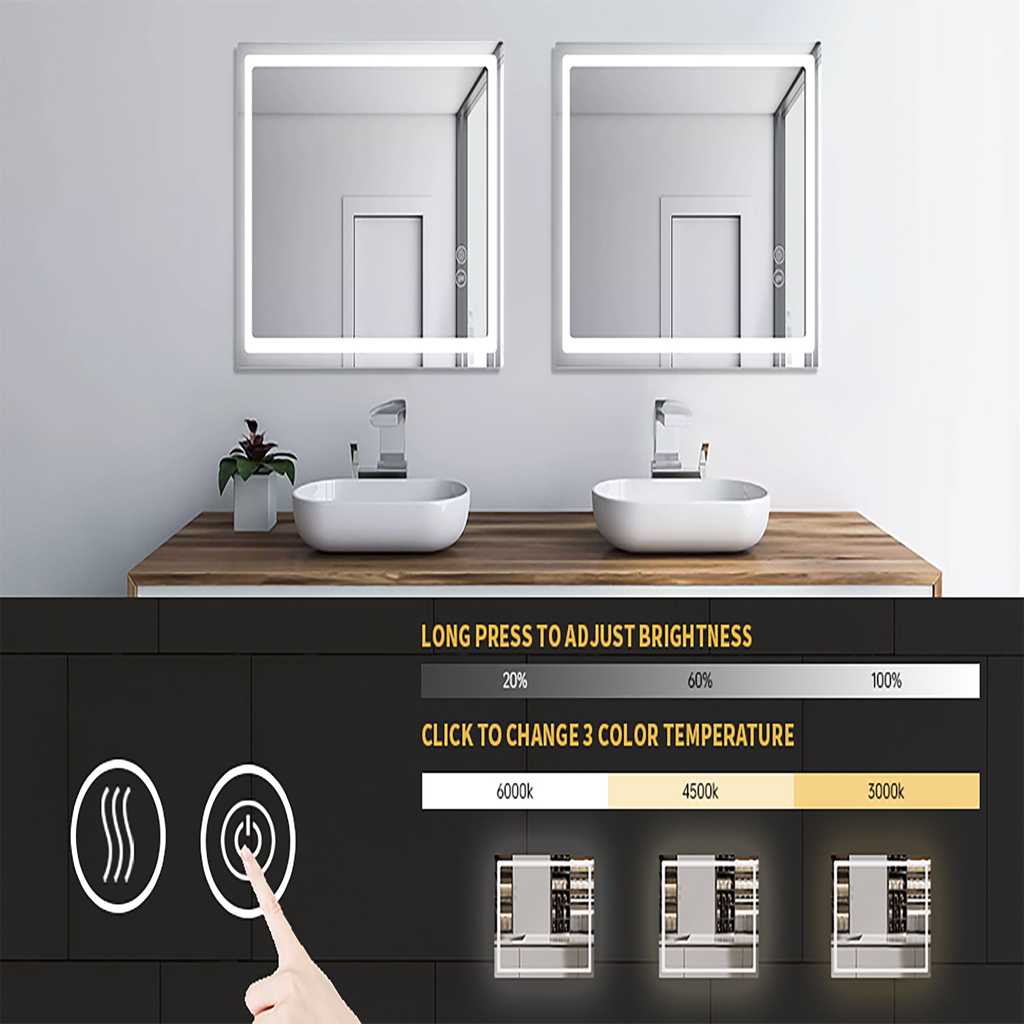 24 Inch Rectangular Framed Anti-Fog Wall Mounted LED Bathroom Vanity Mirror in White