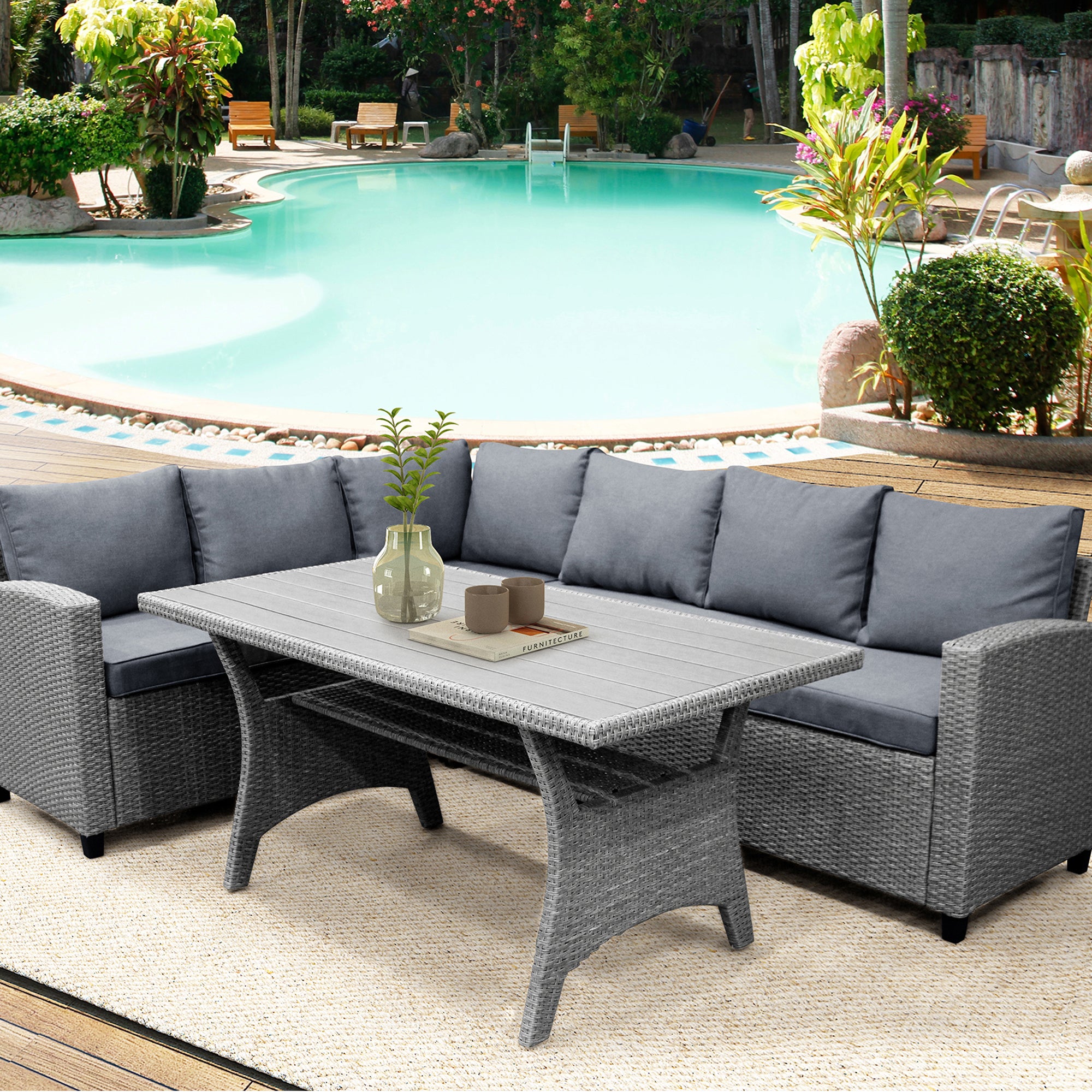 3 Pieces Outdoor Rattan Patio Sectional Sofa Set with Cushions and Table