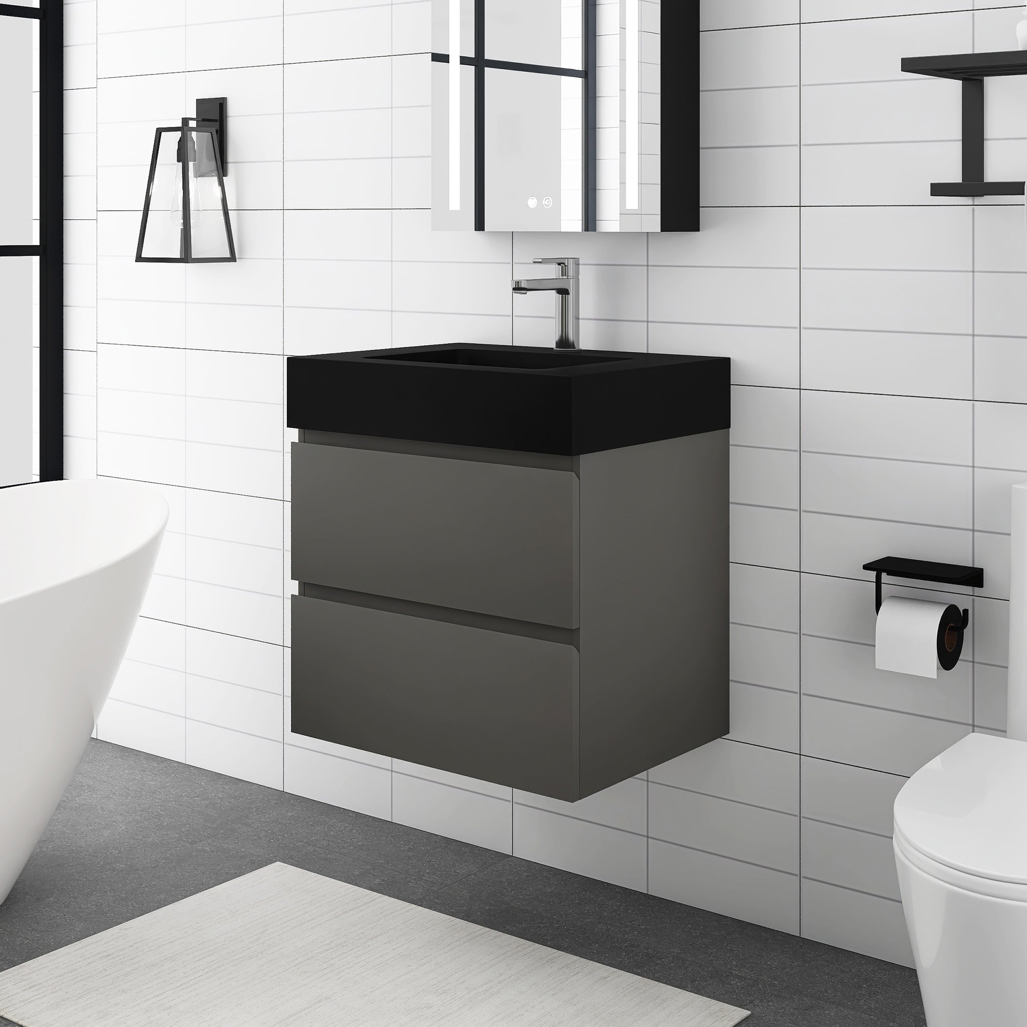 Staykiwi Wall-Mounted Bathroom Vanity Set with Black Integrated Solid Surface Sink