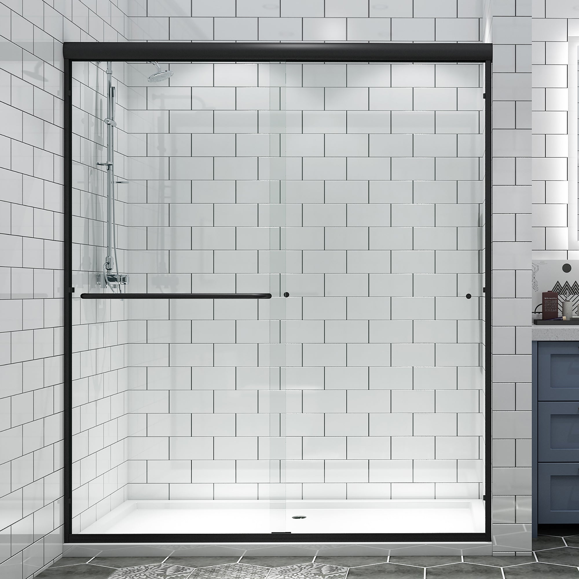 34 in. W X 72 in. H Semi-Frameless Pivot Shower Door in Matte Black with Clear Glass