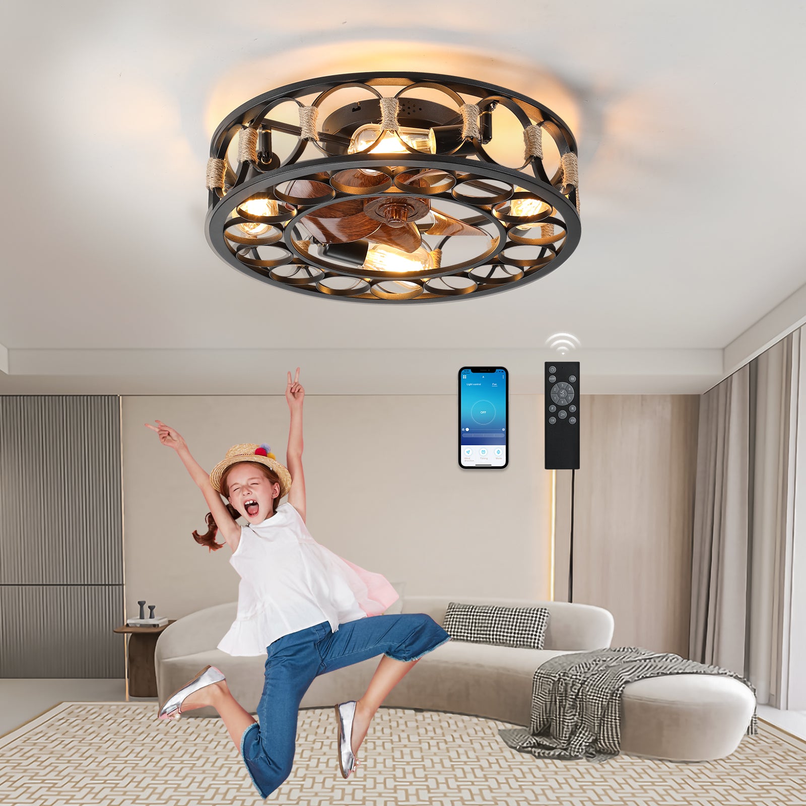 20 in. W x 6 in. H Iron Ceiling Fan in Black with LED Lights