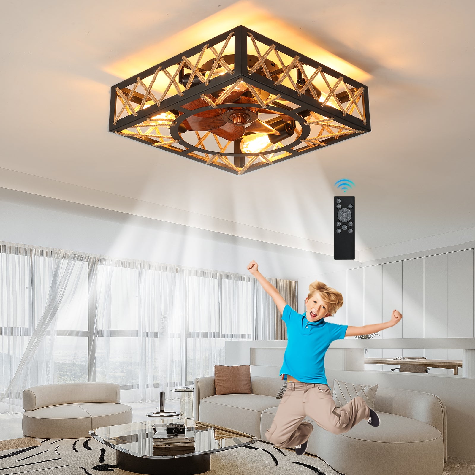20 in. W x 6 in. H Iron Ceiling Fan in Black with LED Lights