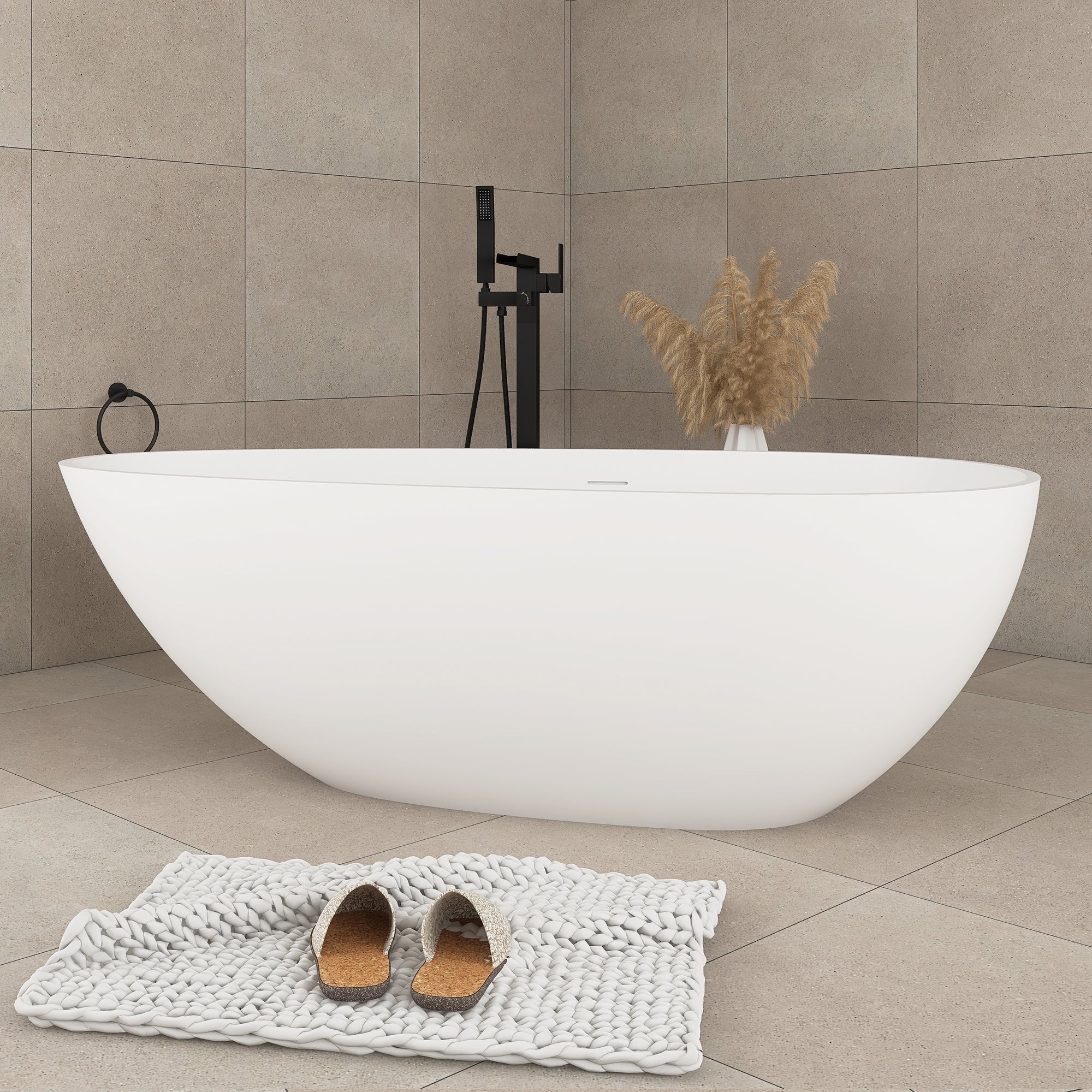 59"/ 67" Solid Surface Freestanding Soaking Bathtub in White with Drain
