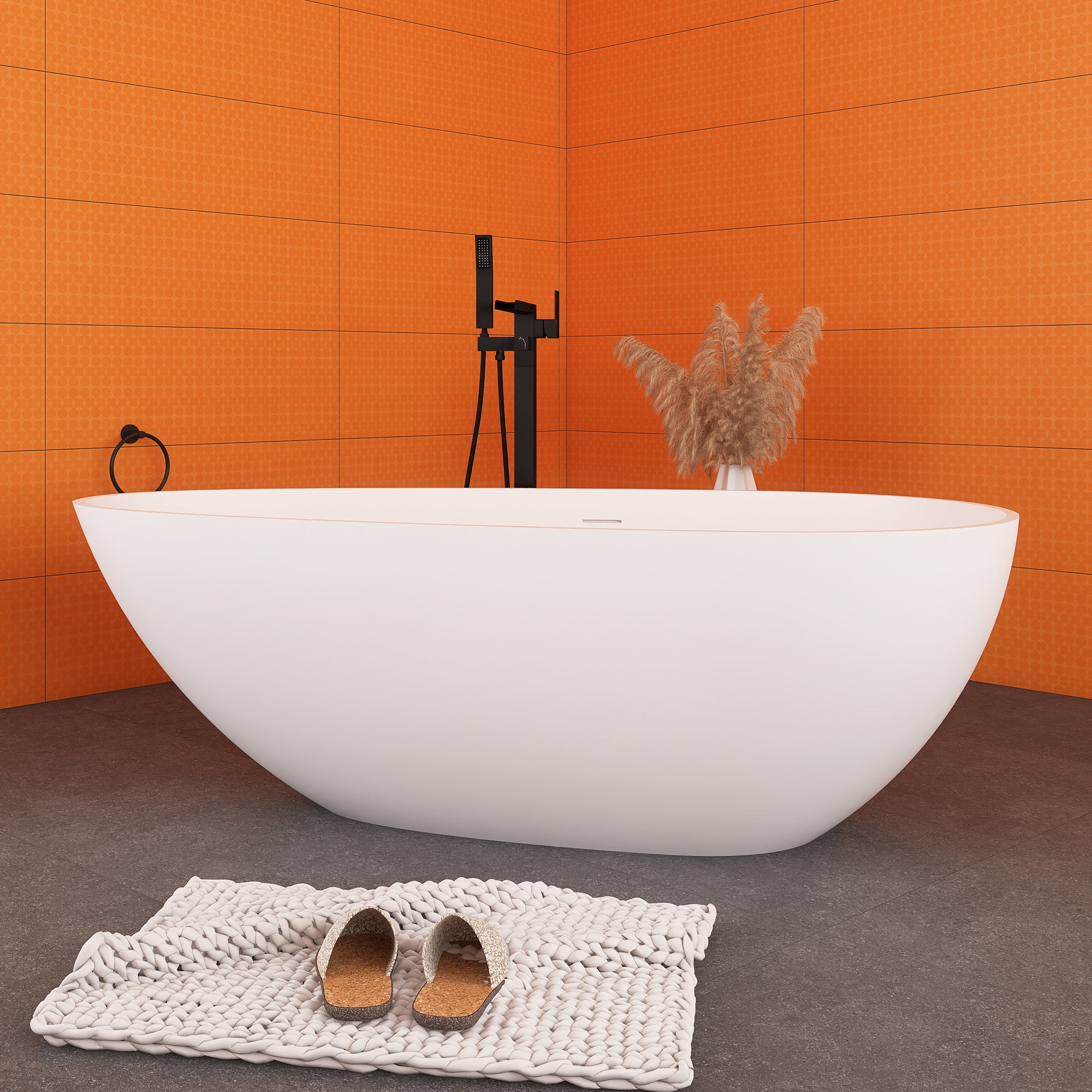 59"/ 67" Solid Surface Freestanding Soaking Bathtub in White with Drain