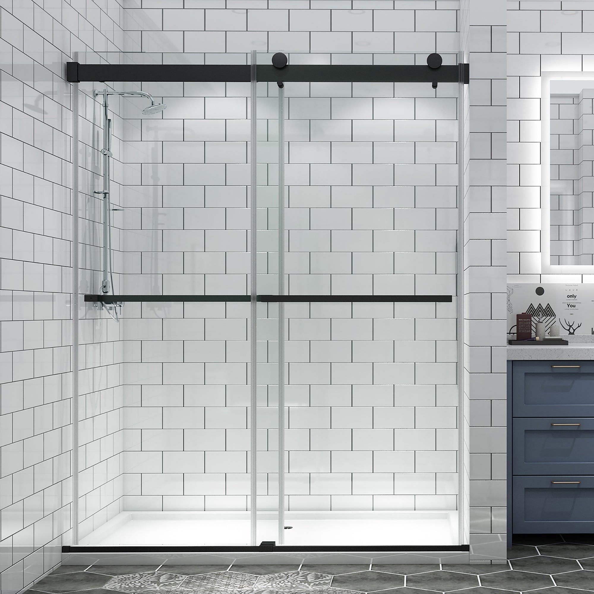34 in. W X 72 in. H Semi-Frameless Pivot Shower Door in Matte Black with Clear Glass