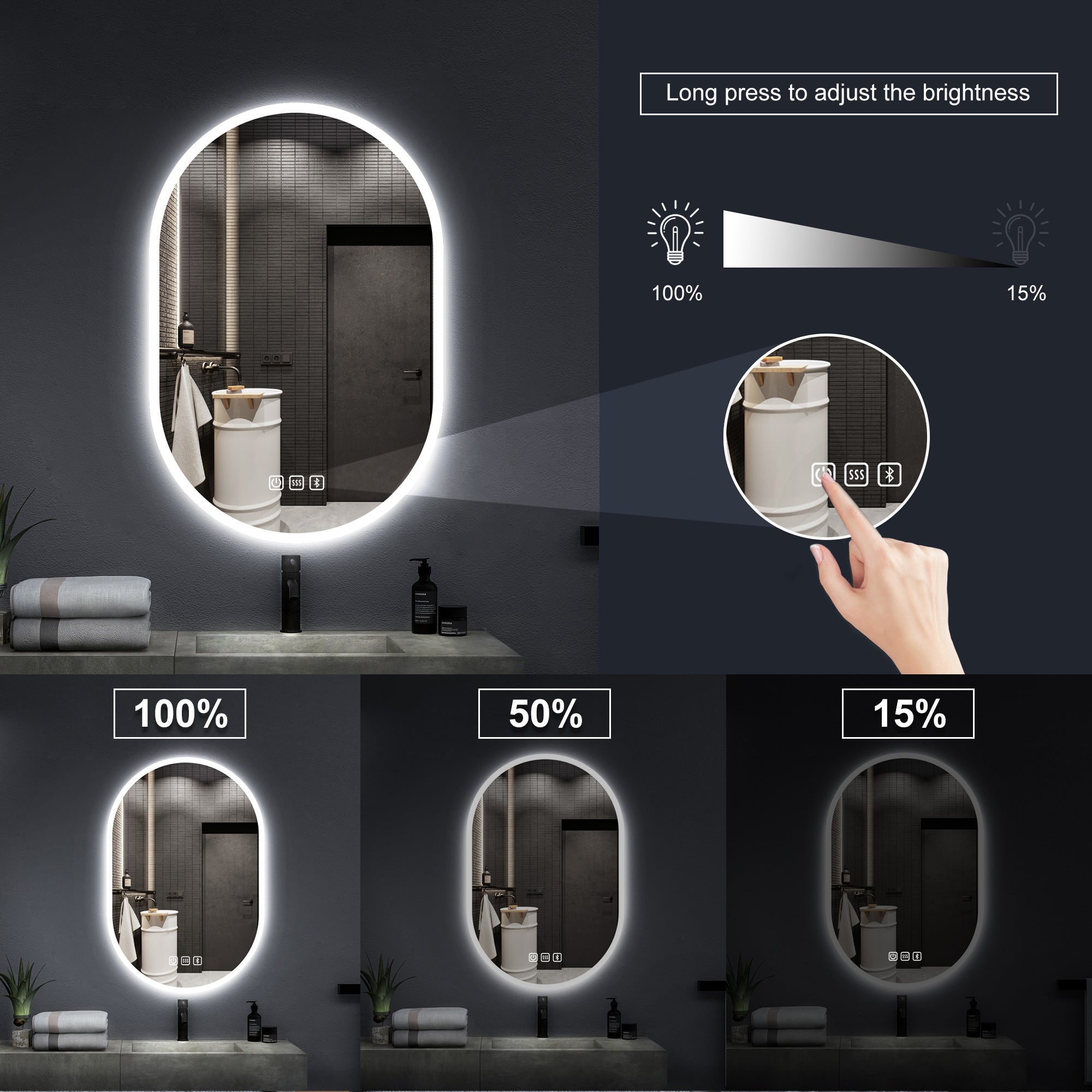 24 in. W x 35 in. H Large Oval Frameless Wall-Mount Anti-Fog LED Light Bathroom Vanity Mirror