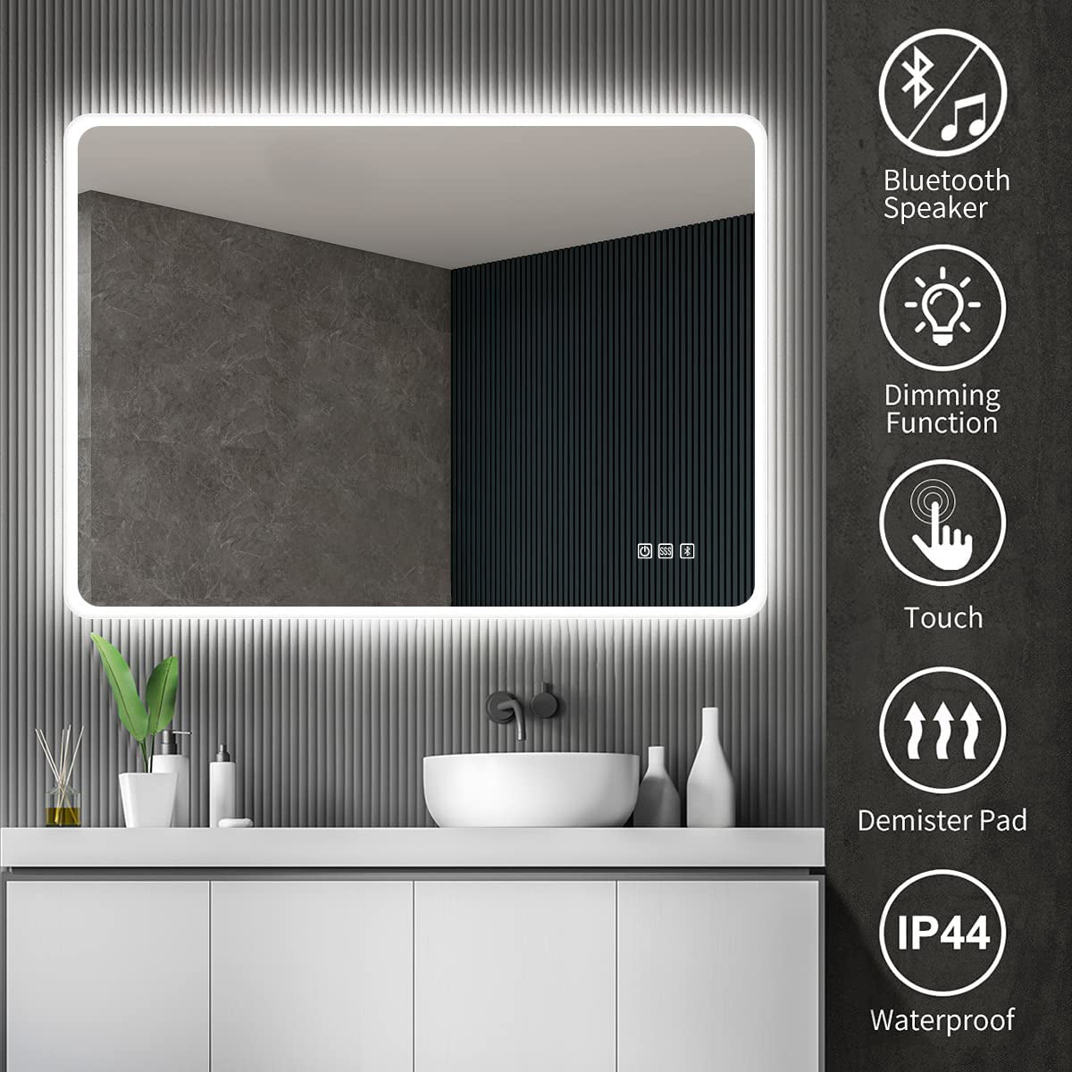 2836 Rectangular Wall-Mounted Dimmable LED Bathroom Vanity Mirror with Defogger and Bluetooth Music Speaker