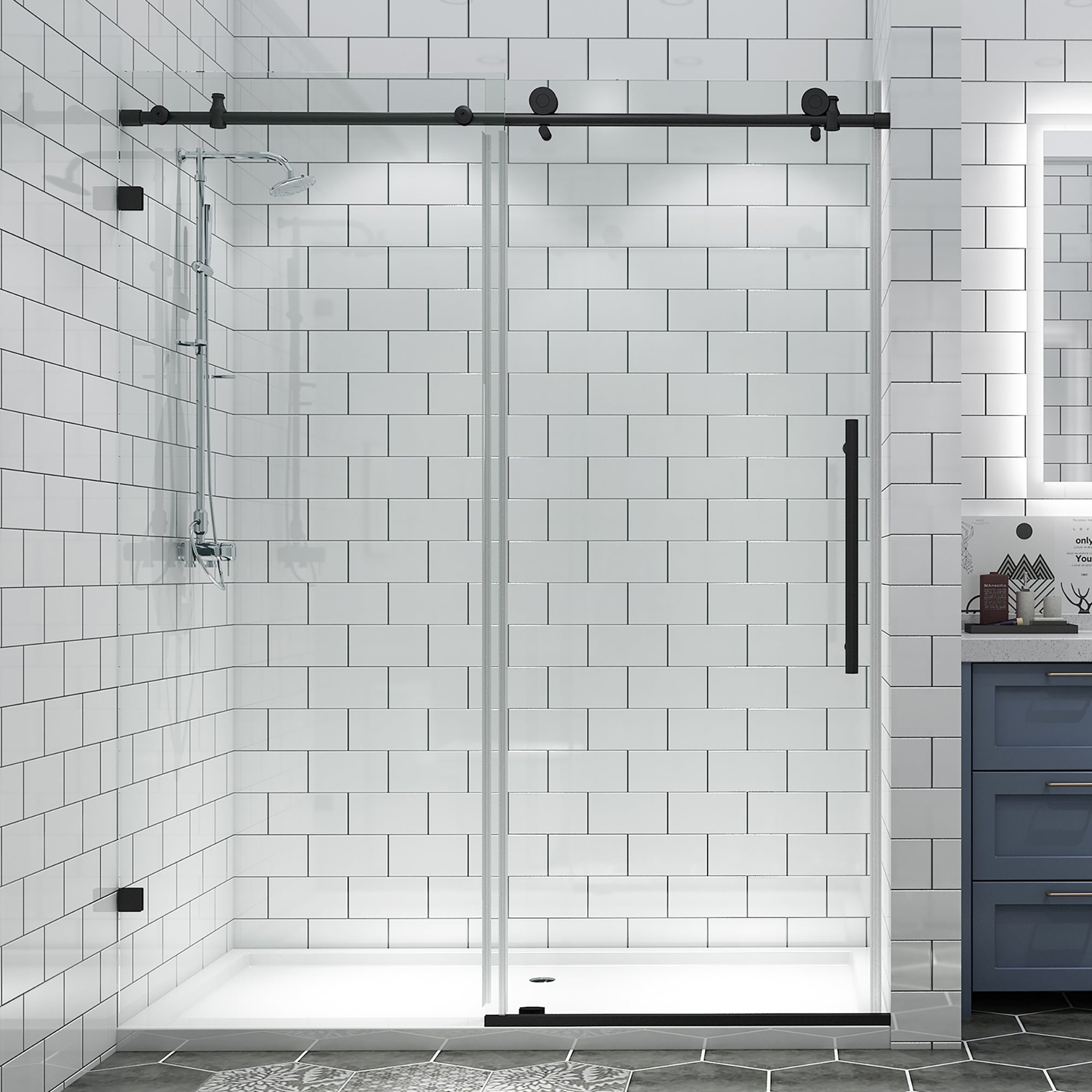34 in. W X 72 in. H Semi-Frameless Pivot Shower Door in Matte Black with Clear Glass